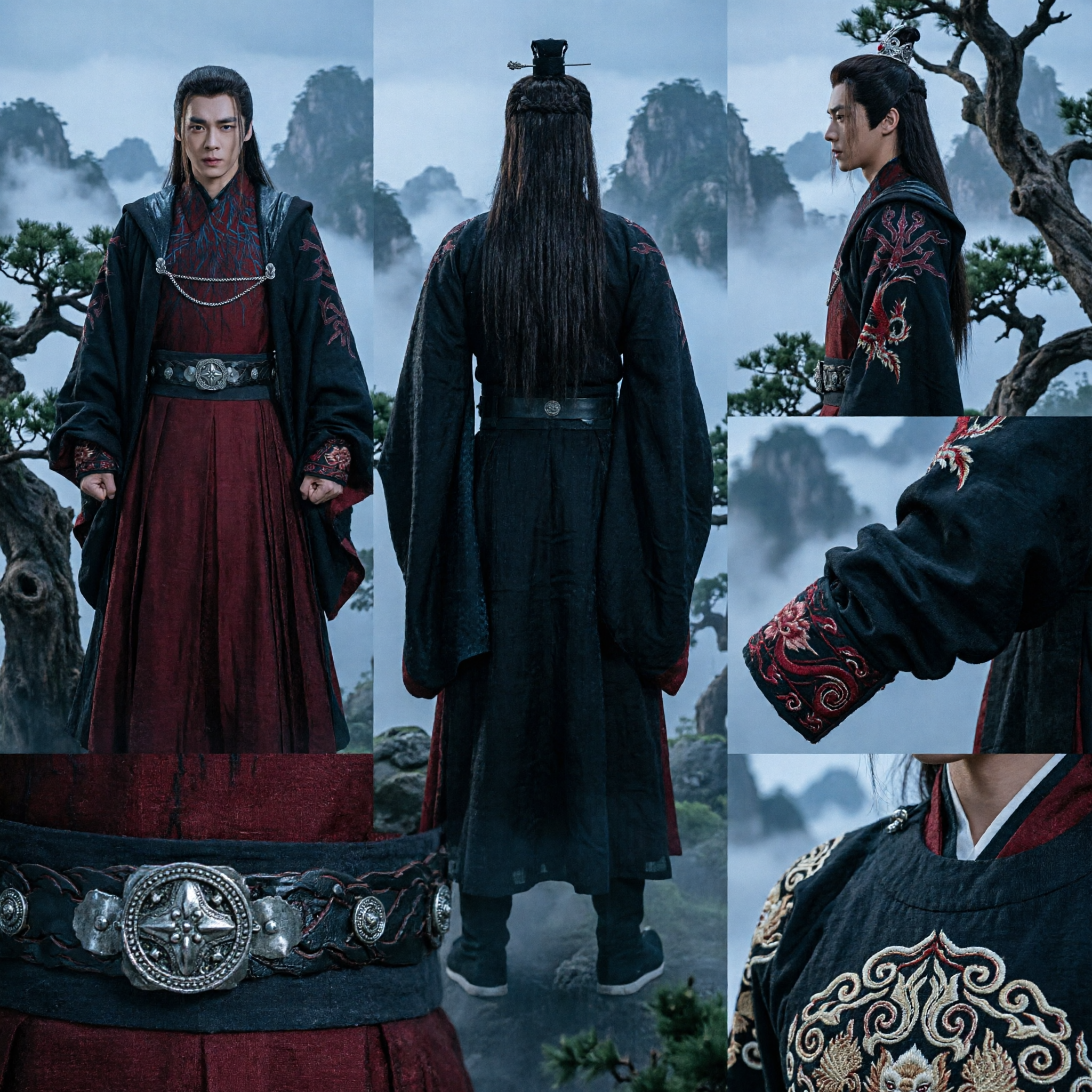 Men's Chinese Ancient Wuxia Swordsman Hanfu Costume Noble Aspirations Cosplay Outfit Black Red Warrior Robe