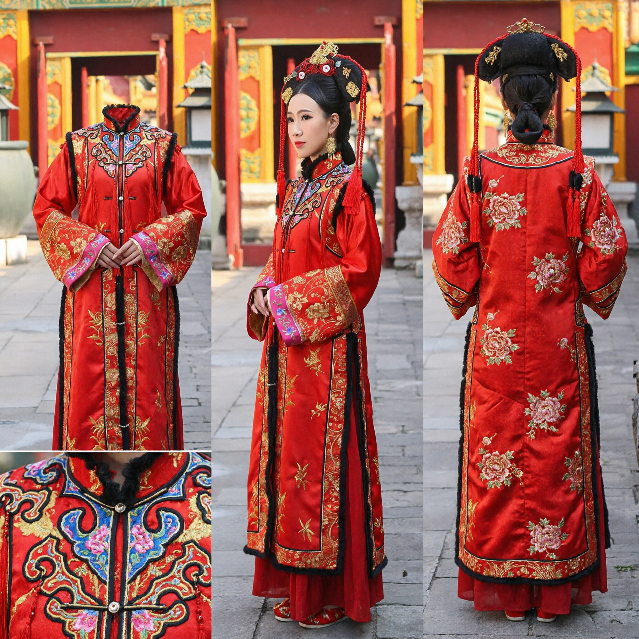 Traditional Chinese Red Embroidered Qing Dynasty Manchu Princess Costume for Women Ancient Wedding Cosplay Dress