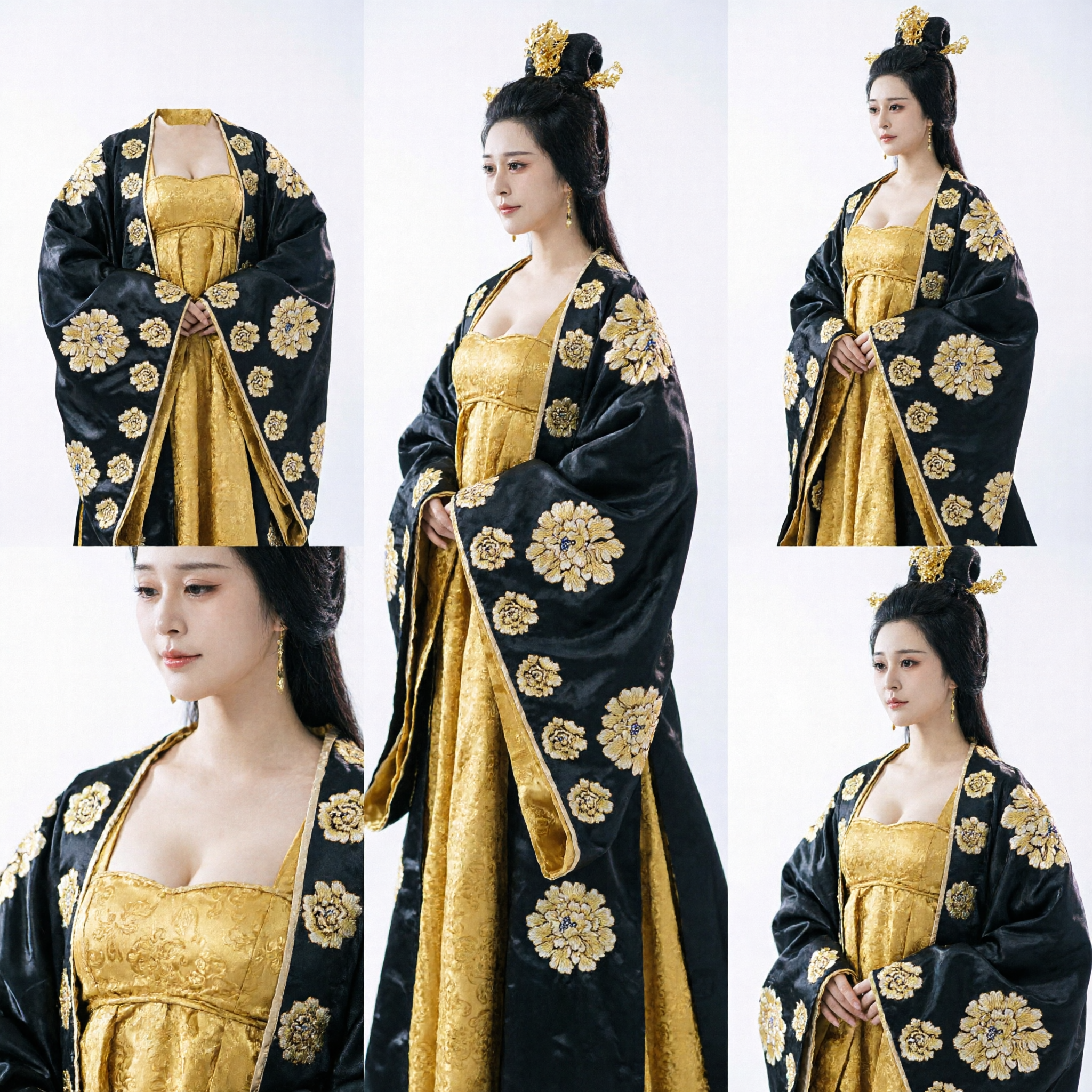 Women's Ancient Chinese Palace Empress Costume Complete Set Black Robe with Gold Floral Embroidery Hanfu
