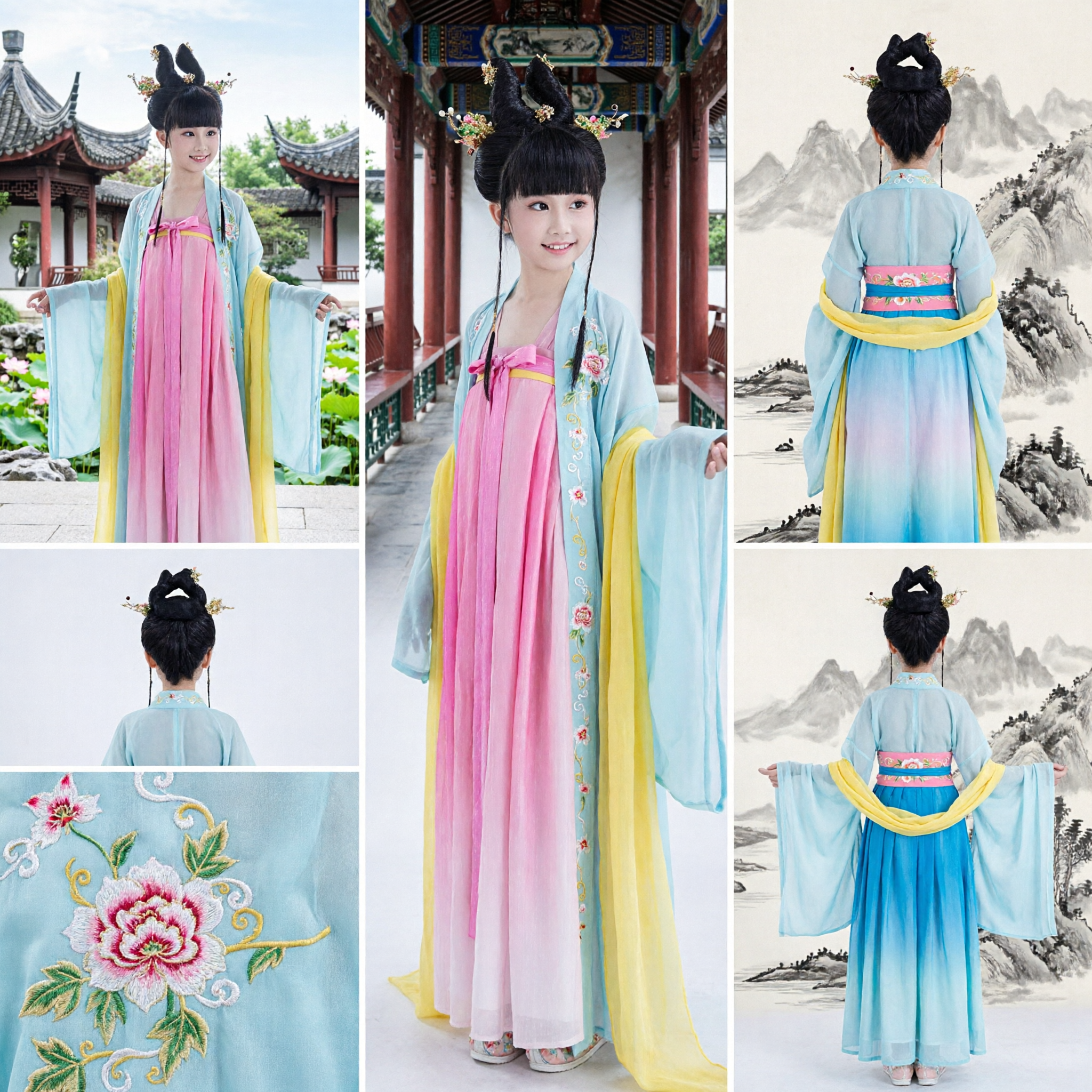 Kids Girls Chinese Traditional Hanfu Costume Tang Dynasty Fairy Princess Dress for Stage Performance and Cosplay
