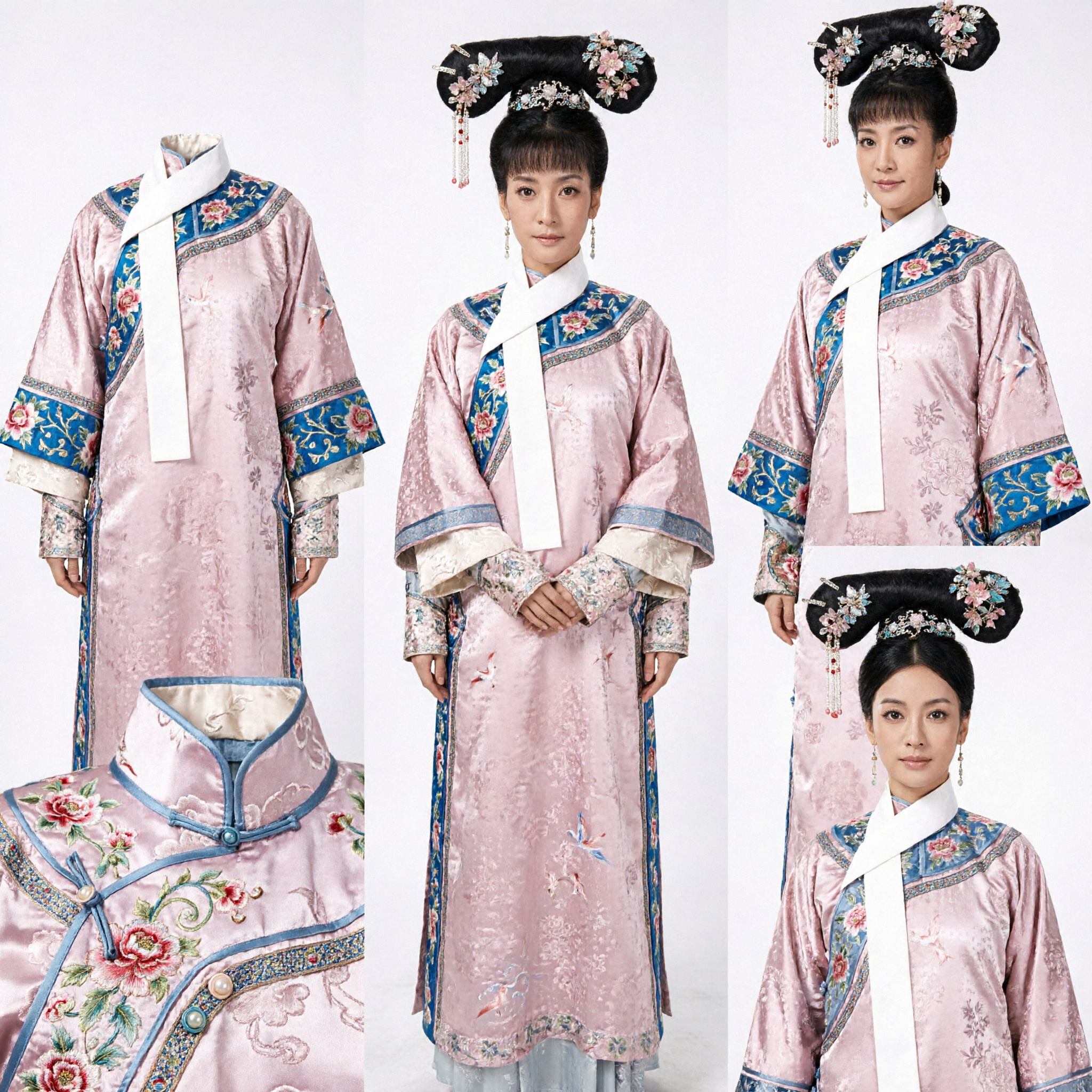 Ancient Chinese Qing Dynasty Manchu Princess Costume Pink Robe with Embroidered Cape for Women Cosplay