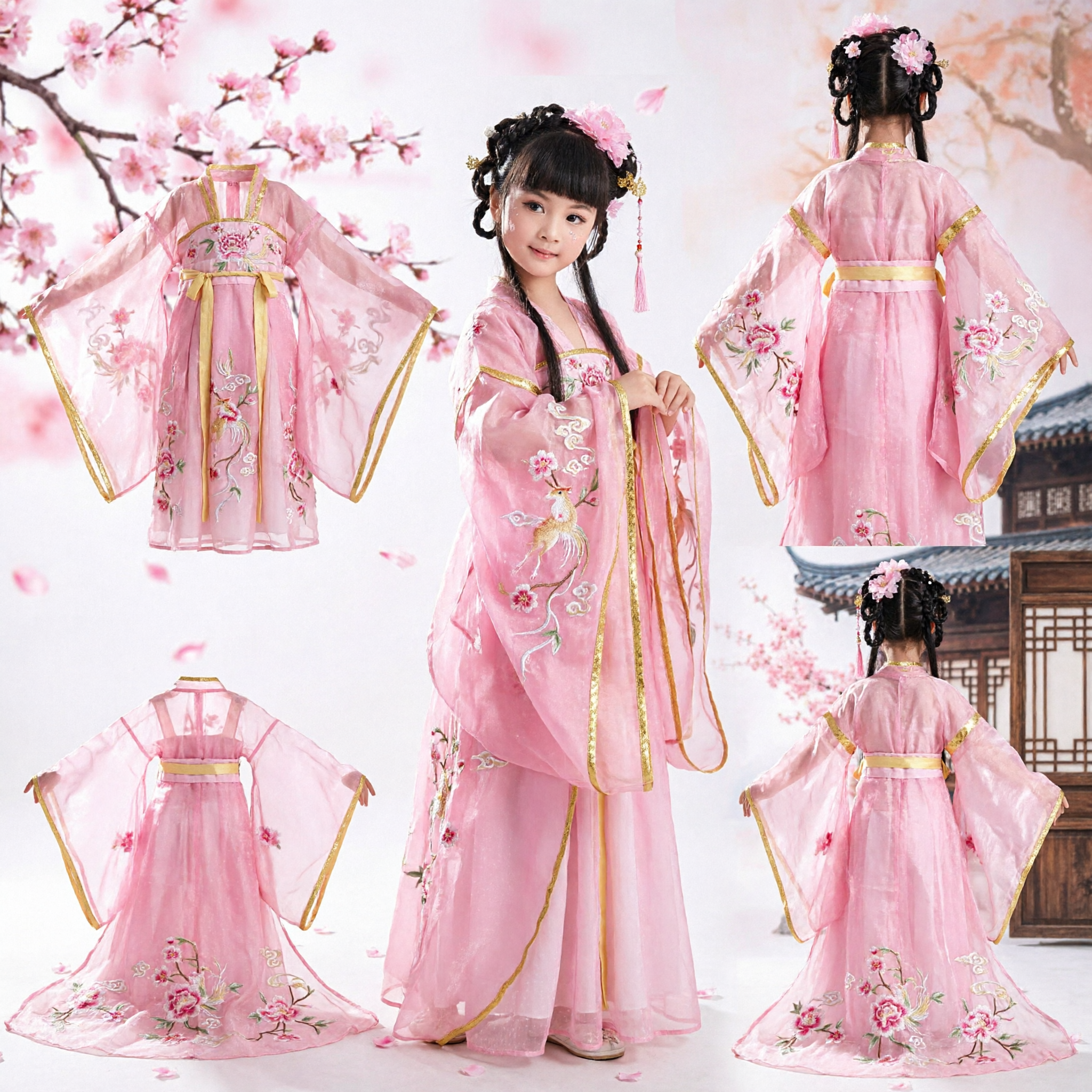 Pink Traditional Chinese Hanfu Princess Costume for Girls Ancient Embroidered Dress Kids Performance Wear