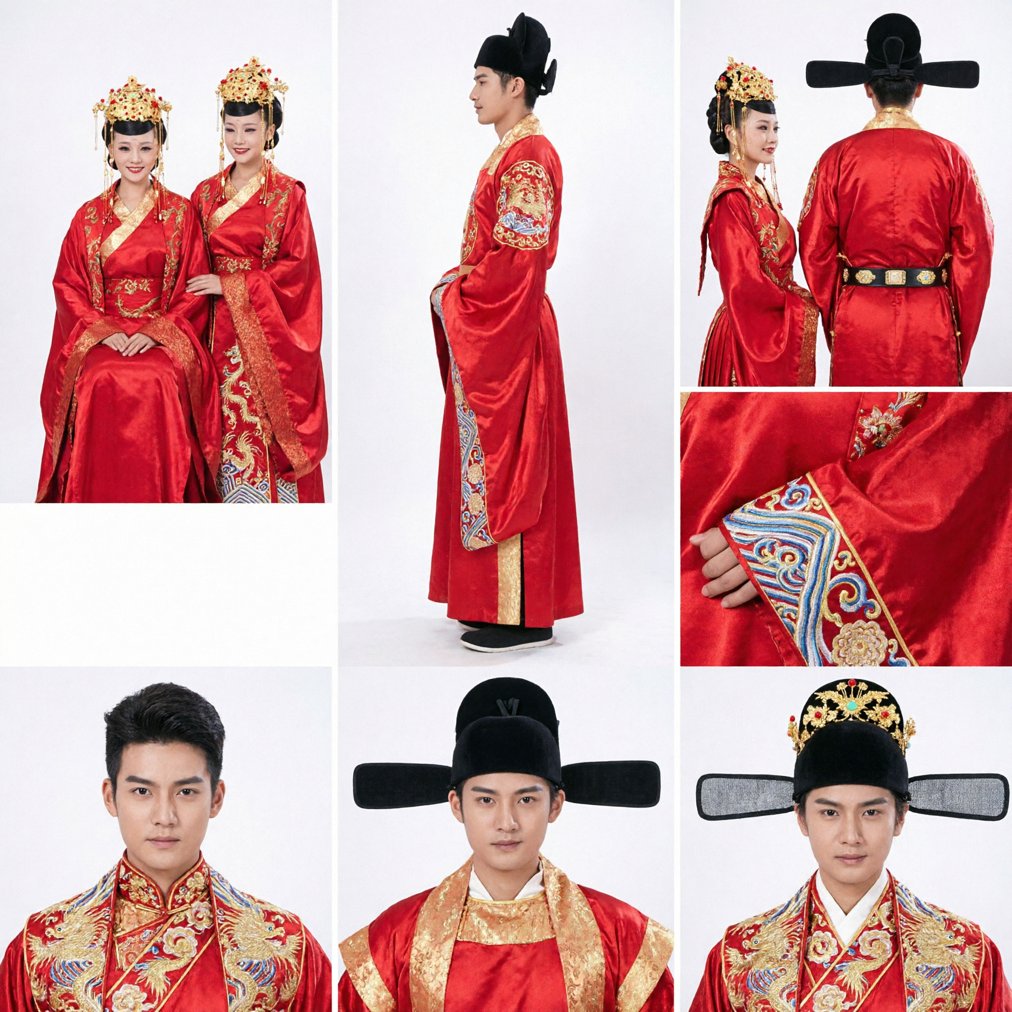 Traditional Chinese Wedding Dress Set Ancient Ming Dynasty Hanfu Red Robes for Bride and Groom