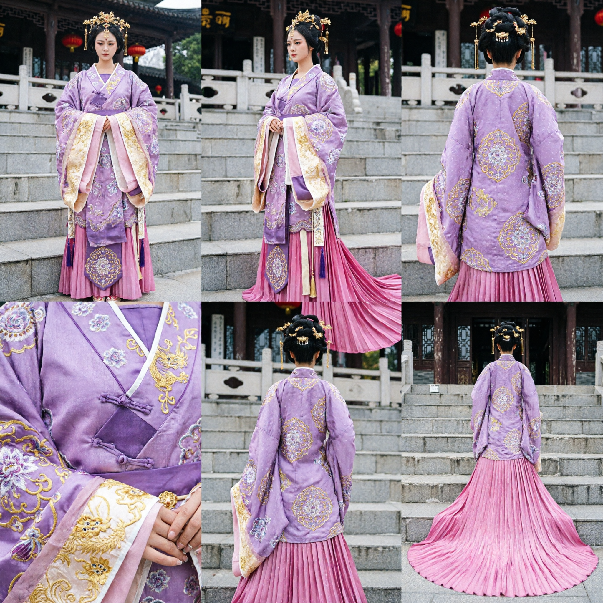 Ancient Chinese Princess Hanfu Costume Traditional Purple Floral Robe with Pink Pleated Skirt for Women