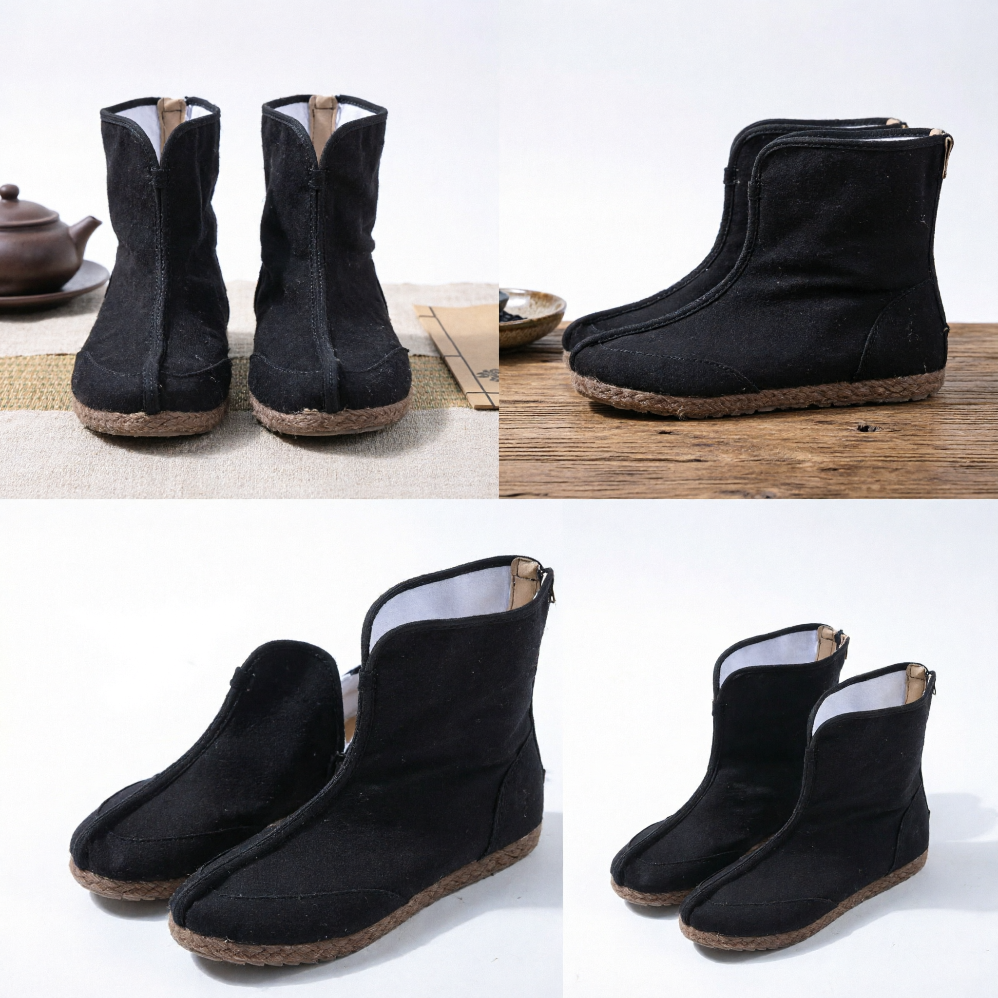 Traditional Chinese Kung Fu Boots Men Black Cloth Ankle Boots Hemp Sole Tang Suit Shoes for Martial Arts