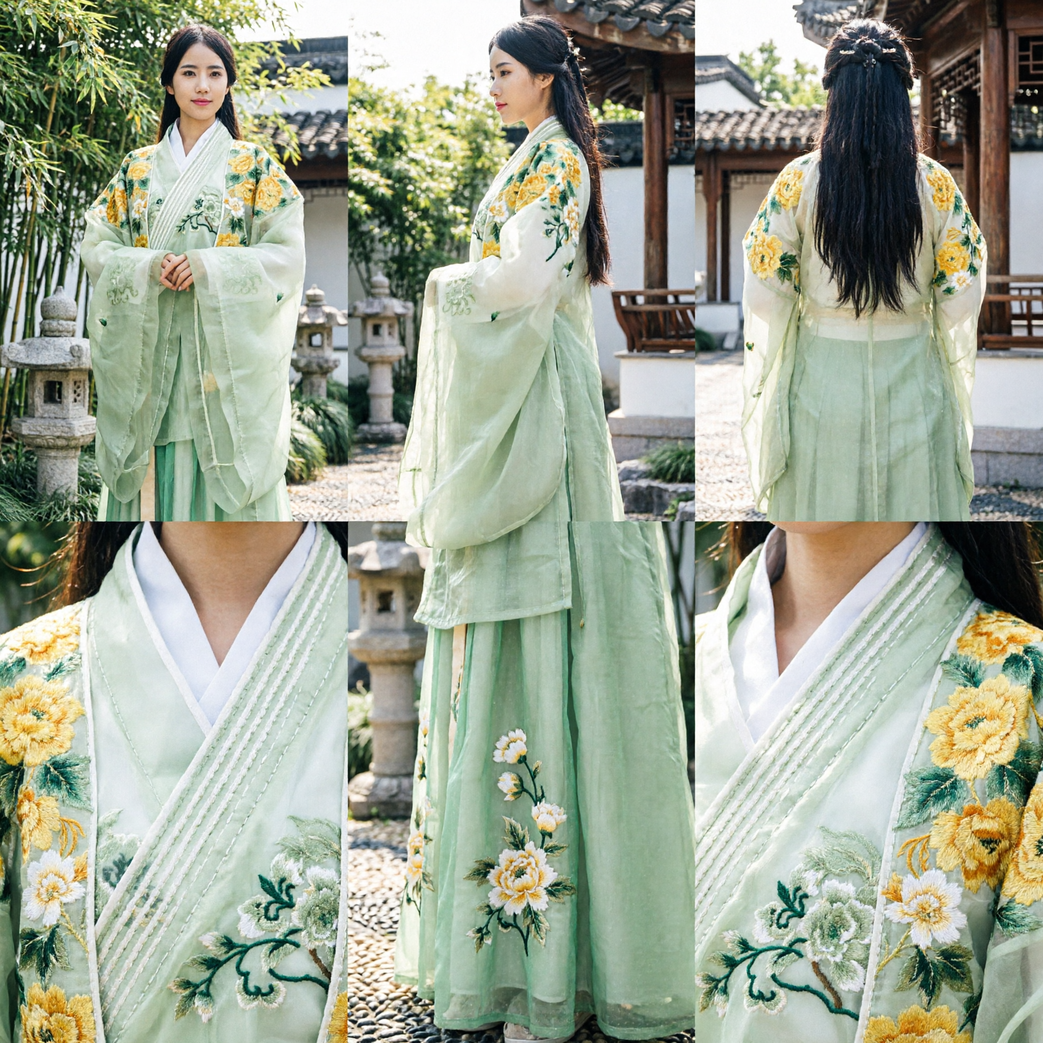 Traditional Chinese Hanfu Green Floral Embroidered Ancient Princess Costume Elegant Wide Sleeve Dress for Women