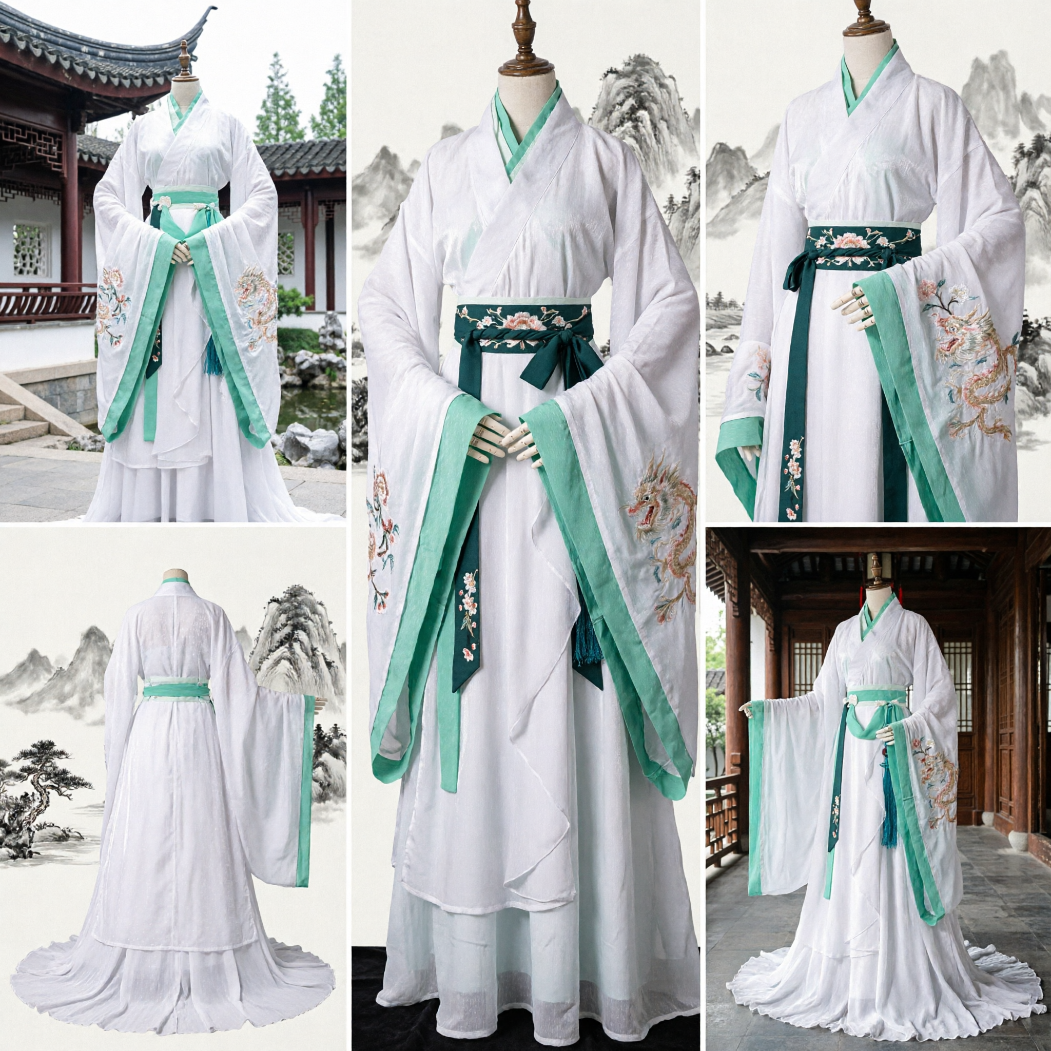 Traditional Chinese Hanfu Costume White Green Embroidered Ancient Fairy Dress for Women Cosplay