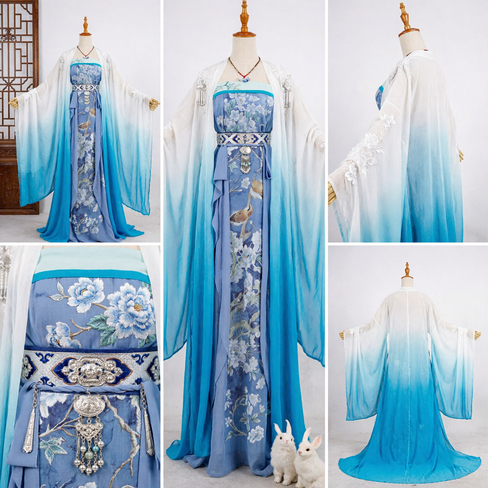 Blue Gradient Tang Dynasty Hanfu Traditional Chinese Costume Ancient Dress for Women Cosplay and Photography