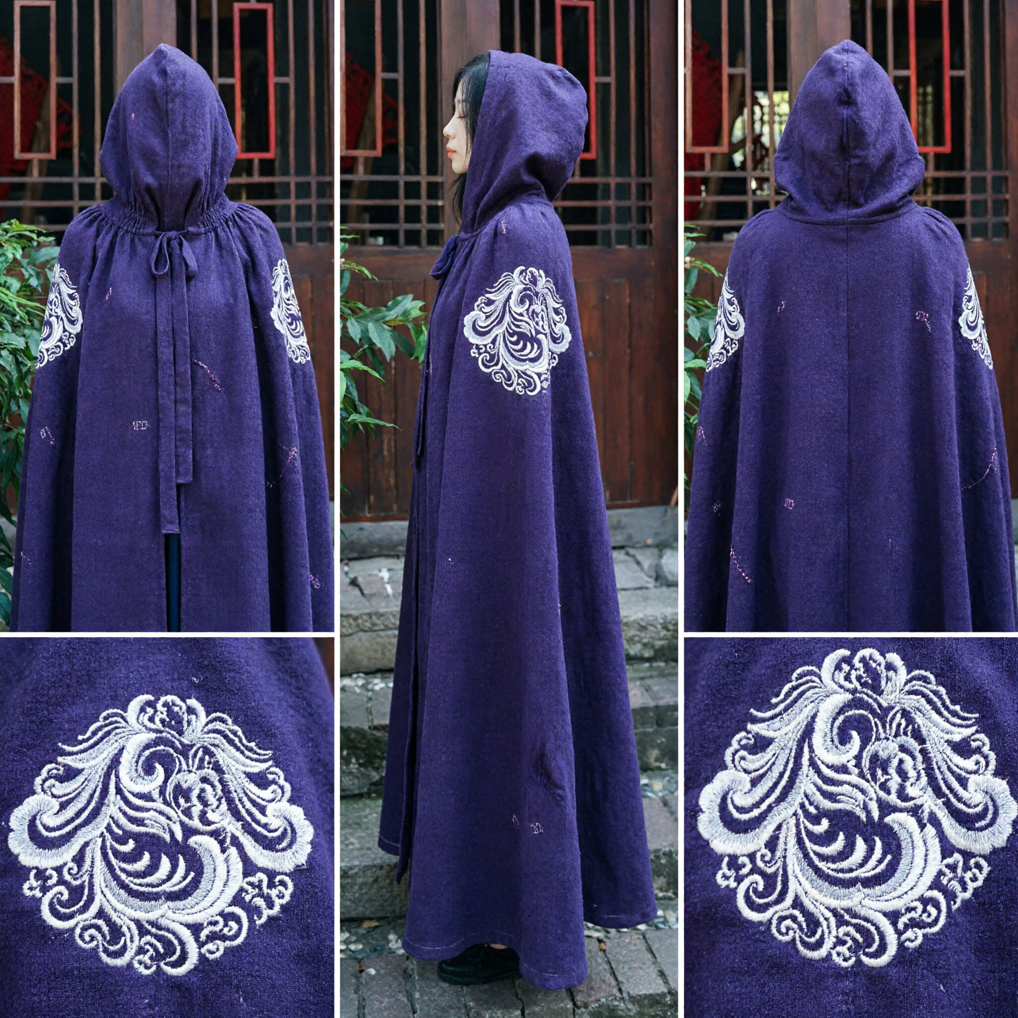 Women's Traditional Chinese Purple Hooded Cloak with Embroidery Ancient Hanfu Cape for Cosplay and Photography