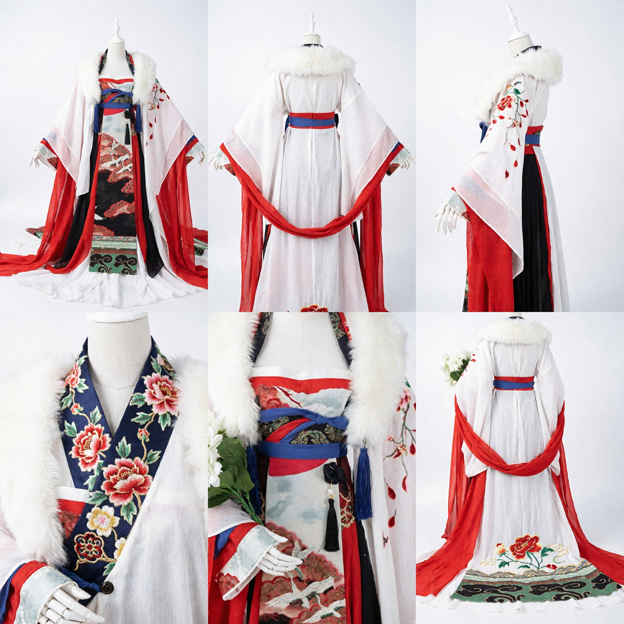 Elegant Women's Traditional Chinese Hanfu Costume Red and White Ancient Palace Dress with Fur Collar for Cosplay