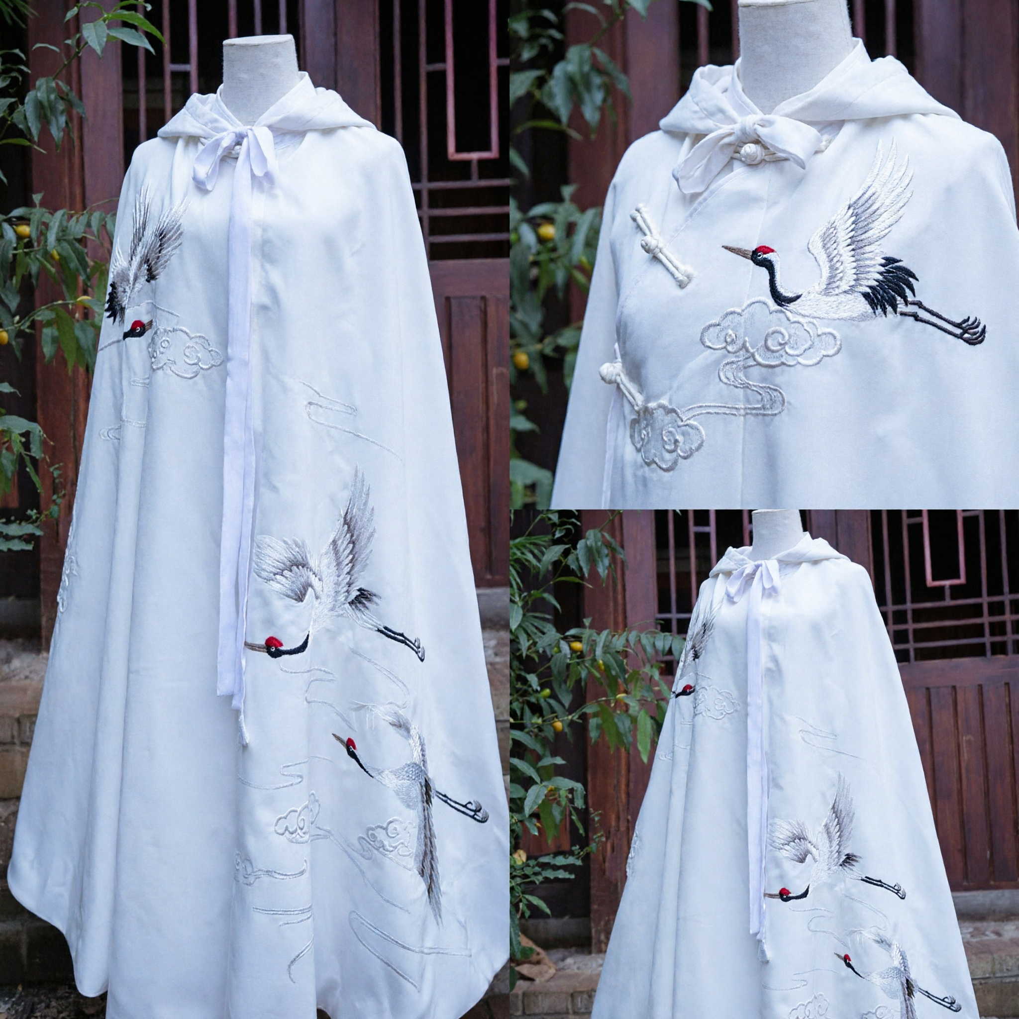 Traditional Chinese White Hanfu Cloak Cape with Elegant Crane Embroidery Ancient Costume Outerwear for Women