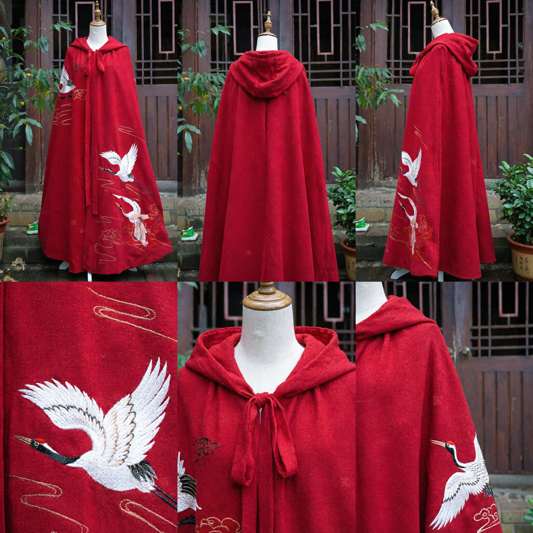 Traditional Chinese Red Hanfu Cloak with Embroidered Cranes Ancient Costume Hooded Cape for Women