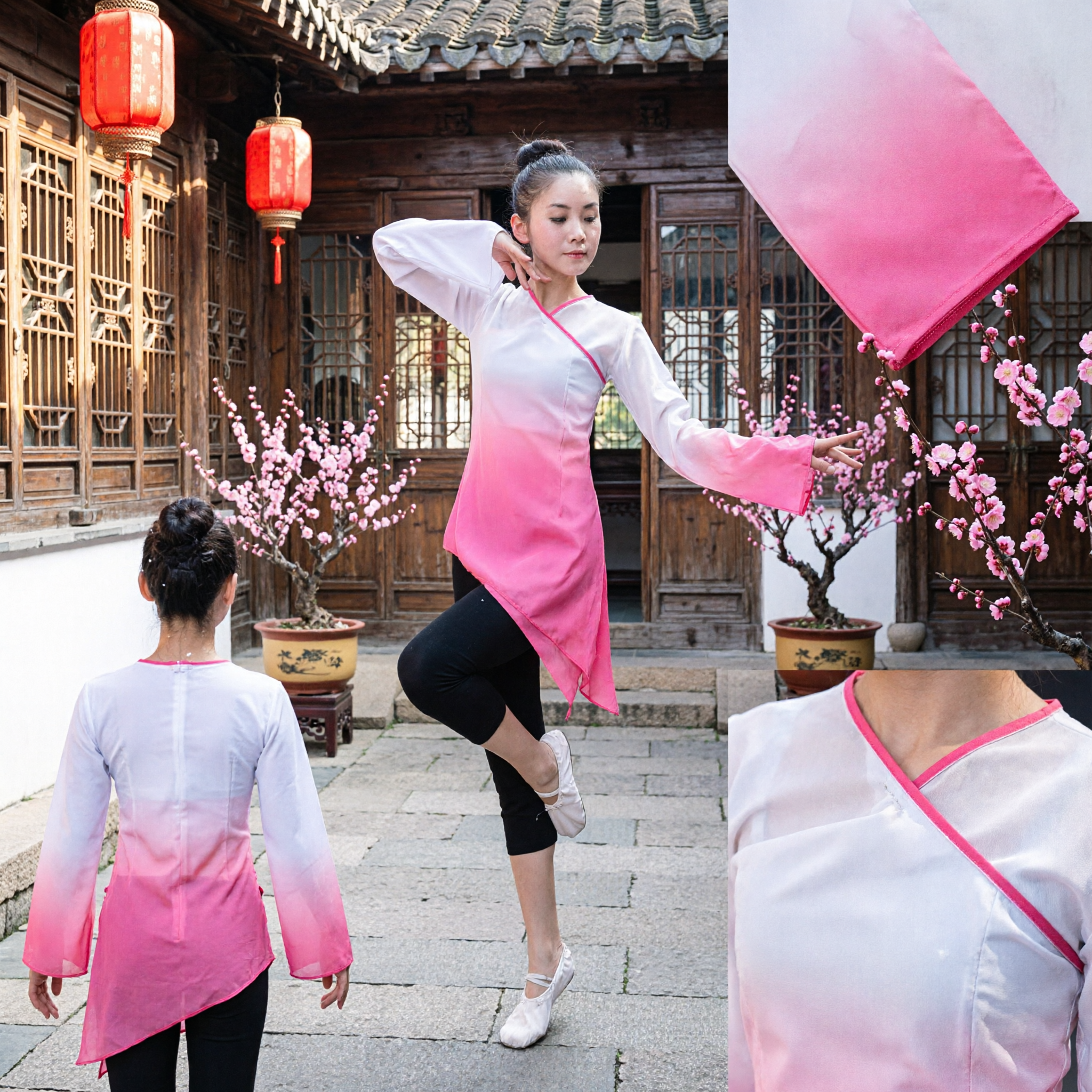 Women's Pink Gradient Chinese Classical Dance Costume Long Sleeve Folk Dance Stage Performance Outfit