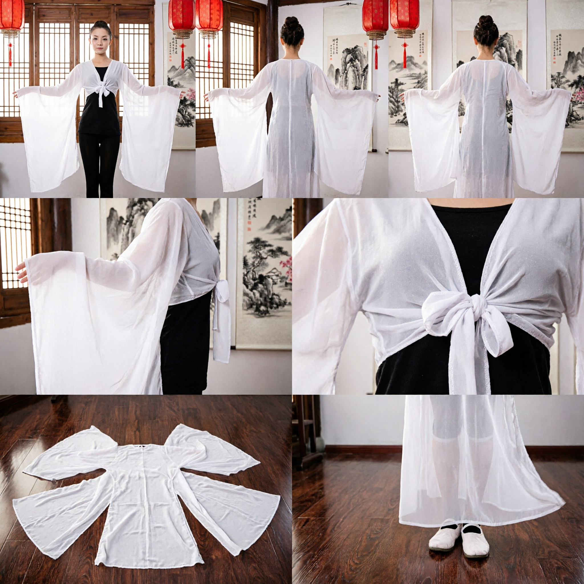 Women's Chinese Classical Dance Water Sleeves White Chiffon Top Traditional Folk Dance Practice Performance Wear