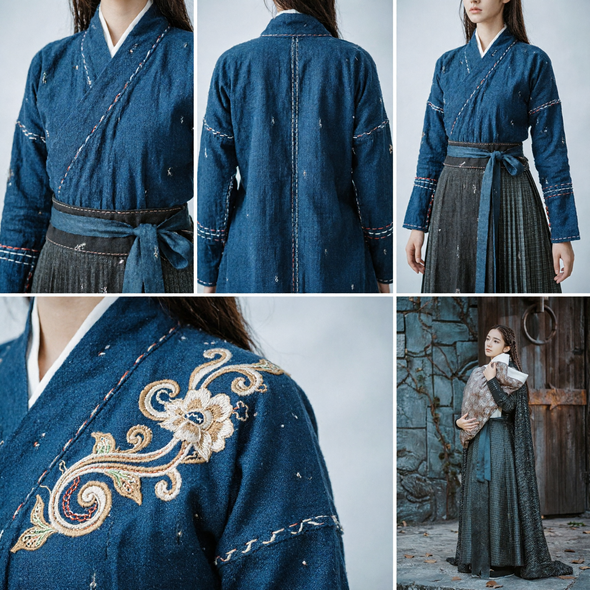 Ancient Chinese Women's Historical Hanfu Costume Set with Dark Textured Cloak and Skirt for Cosplay and Photography