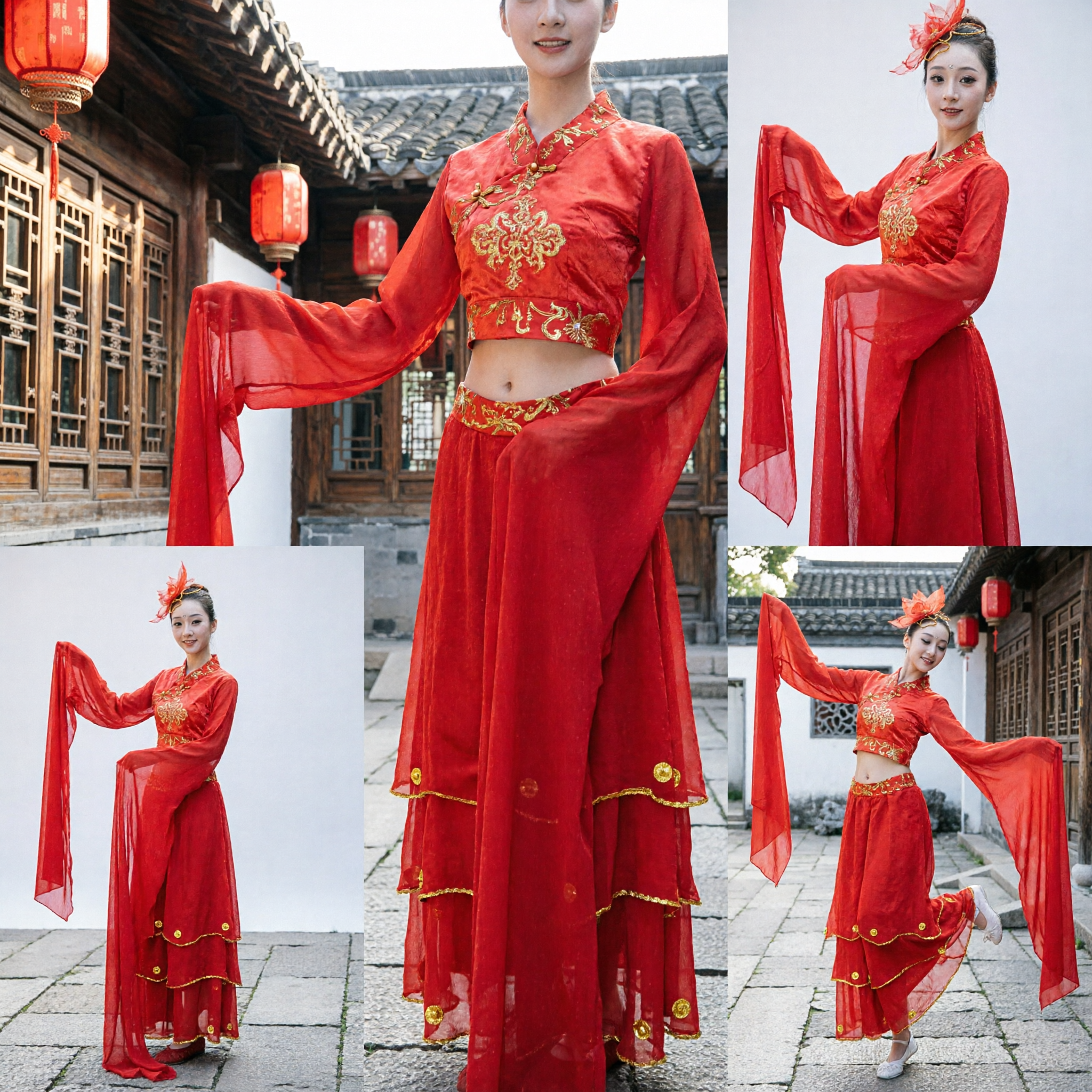 Women's Red Chinese Folk Dance Costume with Long Water Sleeves Classical Yangge Stage Performance Set