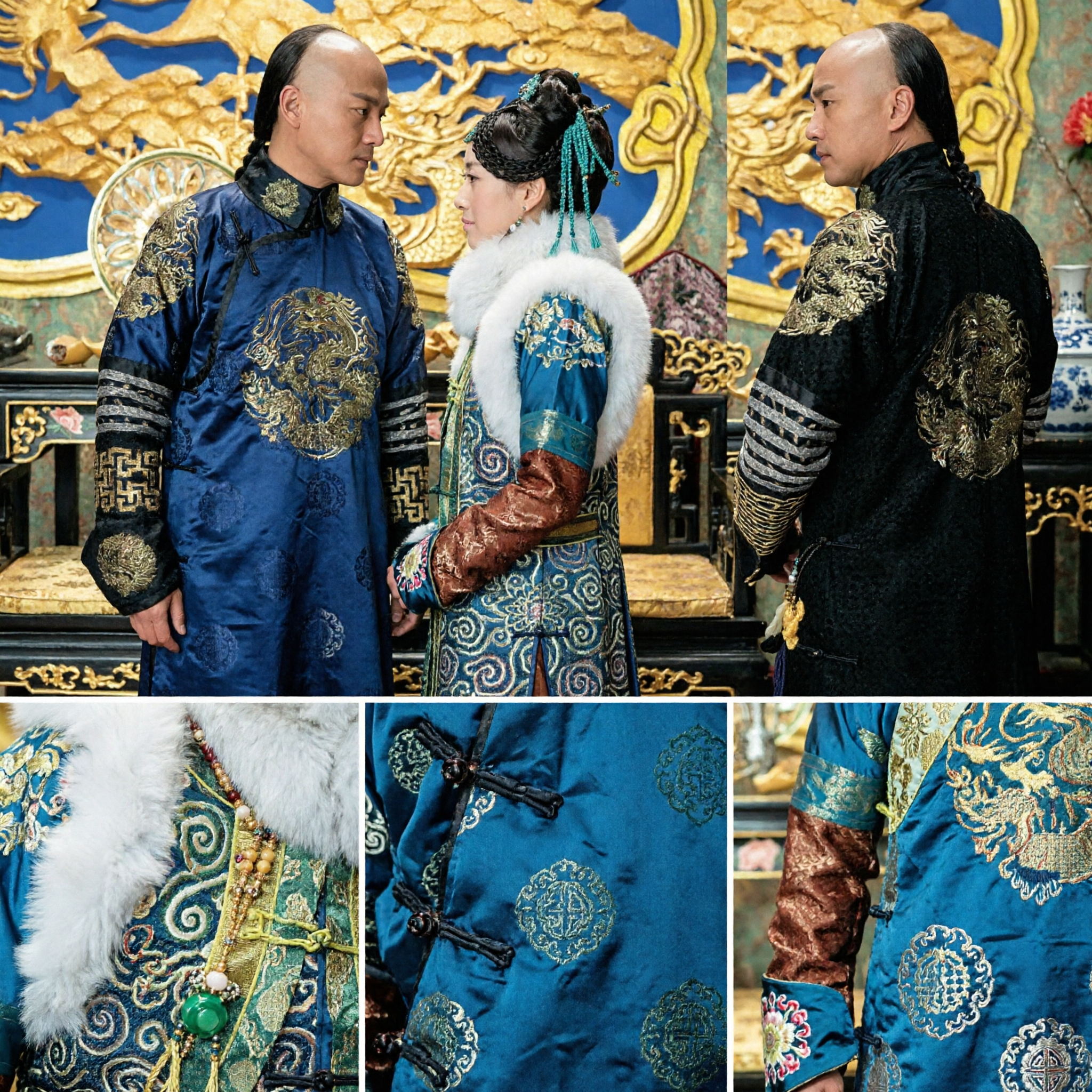 Qing Dynasty Imperial Couple Costumes Manchu Dragon Robe and Fur Collar Dress for Historical Cosplay and Performance