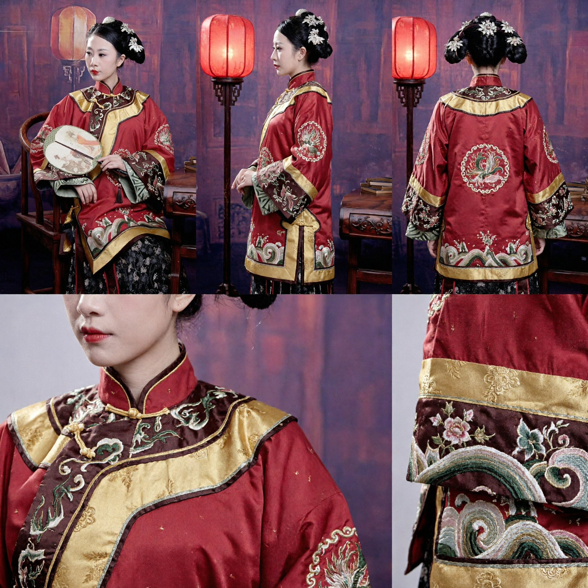Traditional Chinese Qing Dynasty Costume Red Embroidered Jacket and Black Floral Skirt Set for Women Hanfu Photography