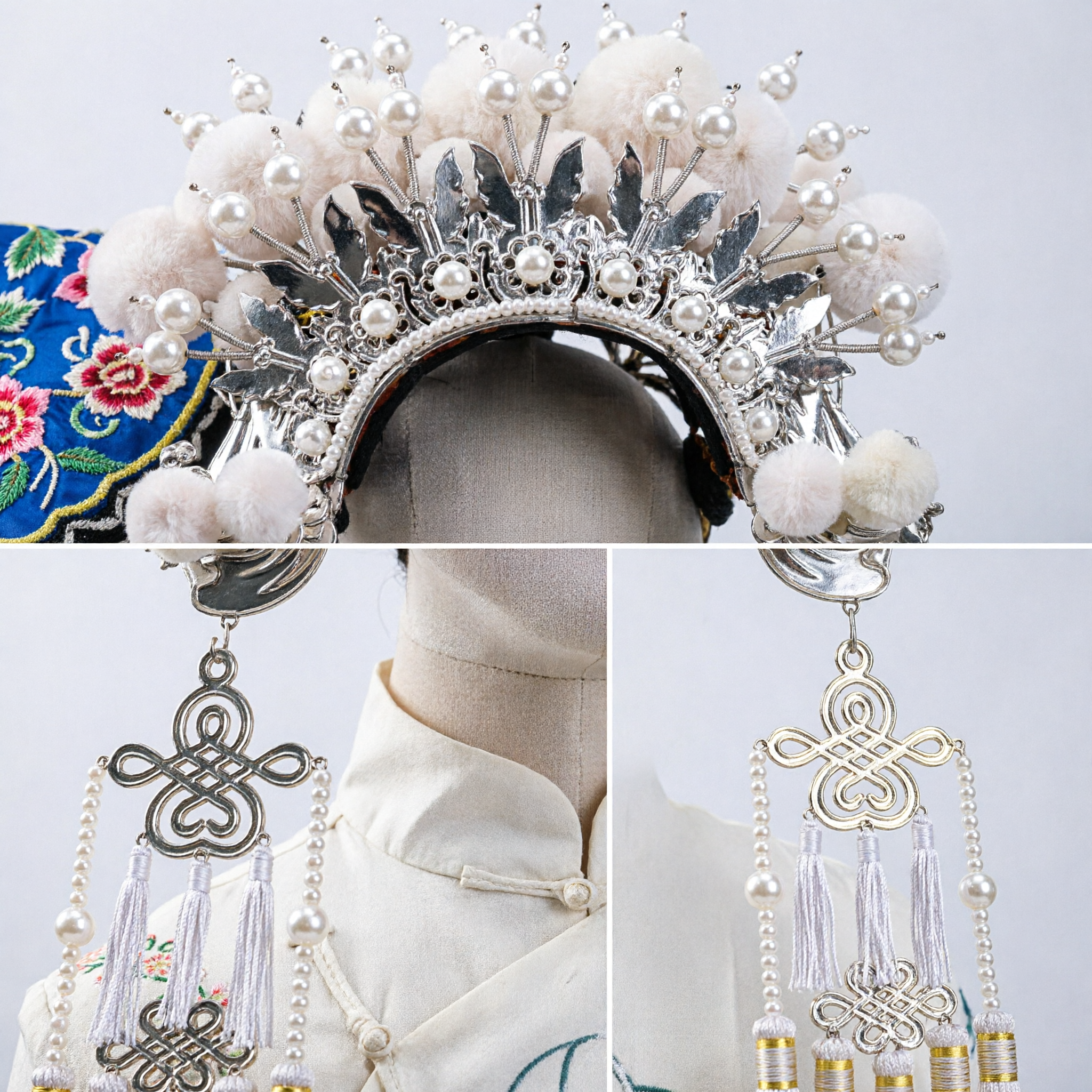 Traditional Chinese Peking Opera Phoenix Crown White Pom-pom Pearl Headdress for Ancient Costume and Stage Performance