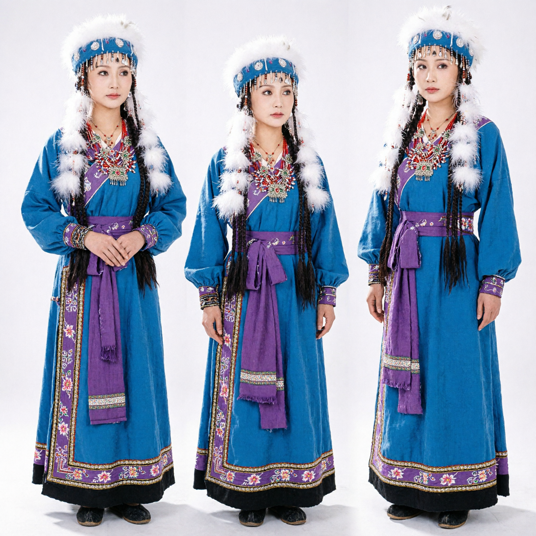 Women's Traditional Tibetan Ethnic Costume Blue Robe with White Fur Headdress for Cultural Performance