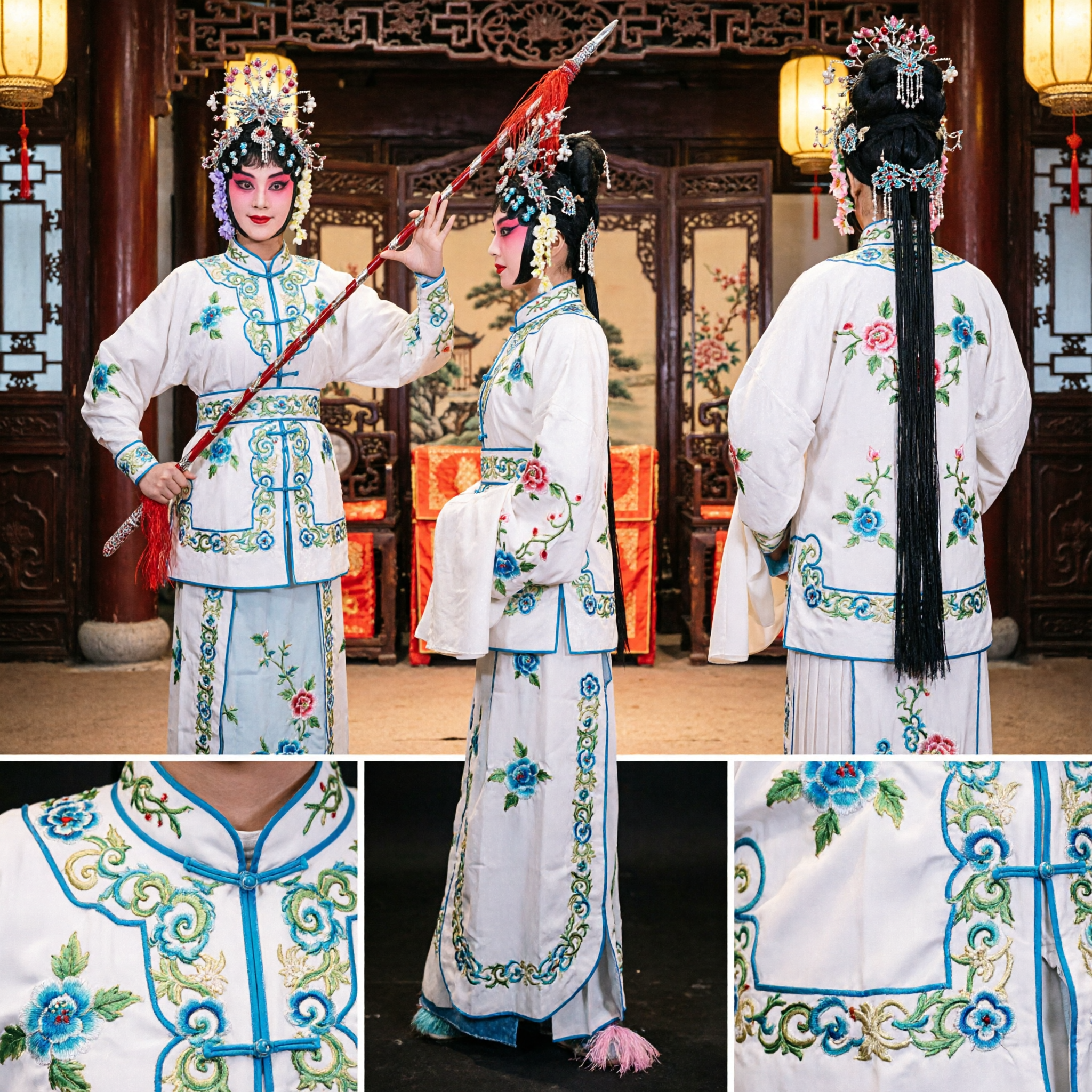 Traditional Chinese Peking Opera Costume White Embroidered Warrior Dress with Headdress and Spear for Women Stage Performance