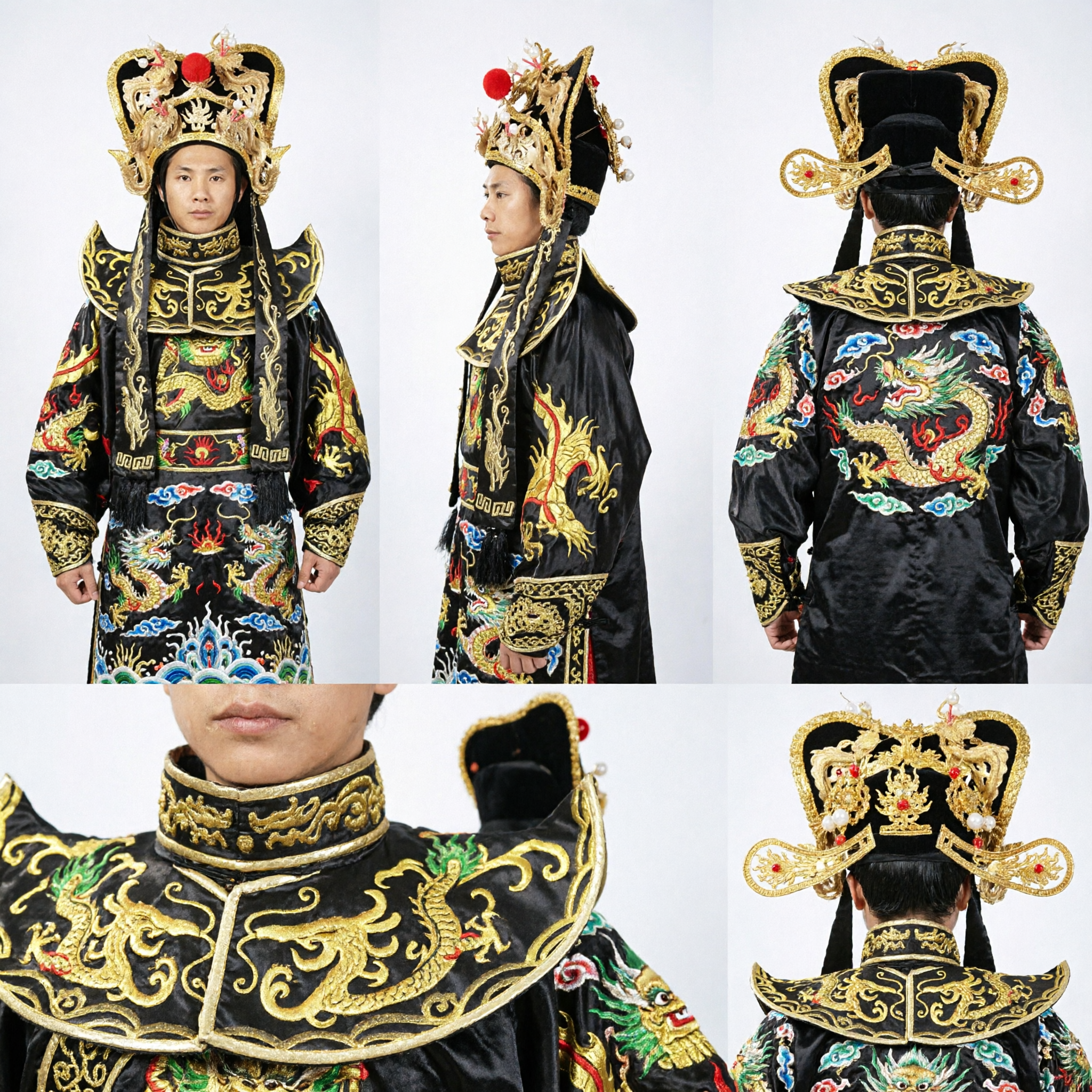 Traditional Chinese Opera Emperor Costume Black Dragon Robe with Golden Crown Hat for Men Cosplay