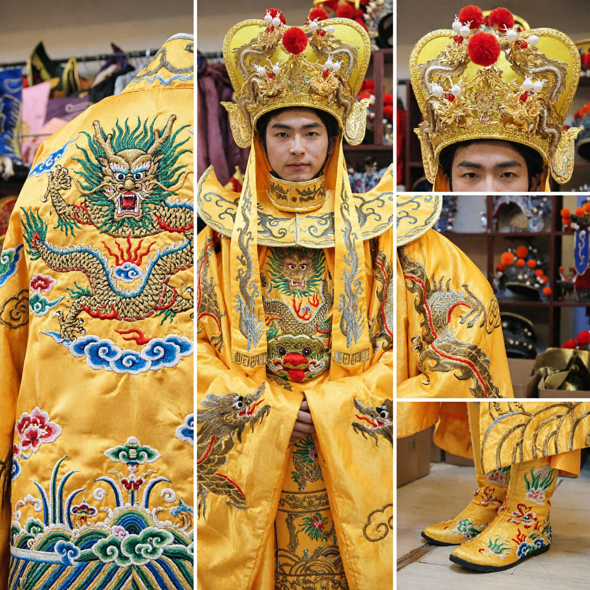 Traditional Chinese Emperor Dragon Robe Costume Men God of Wealth Caishen Outfit for Festival Performance