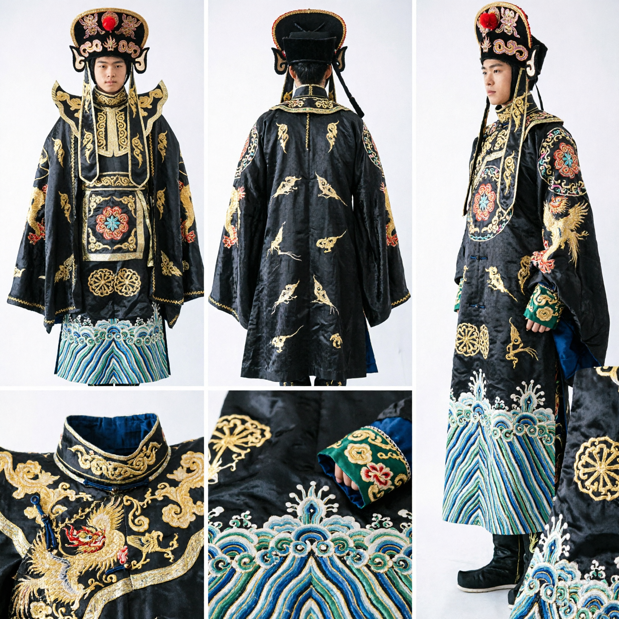 Traditional Chinese Peking Opera Emperor Costume Black Gold Dragon Robe with Hat for Men Stage Performance