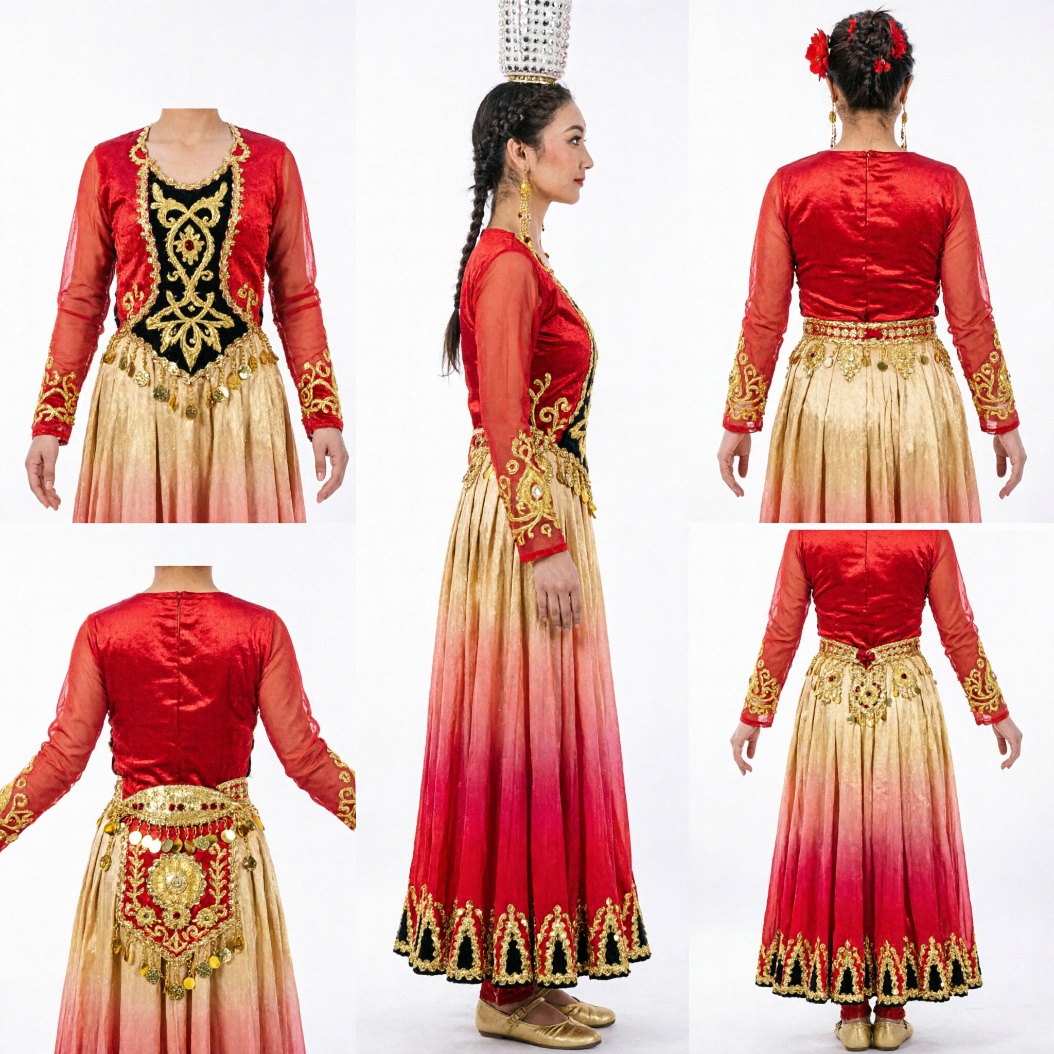 Traditional Chinese Uyghur Ethnic Dance Costume Women Red Gold Gradient Skirt Stage Performance Dress