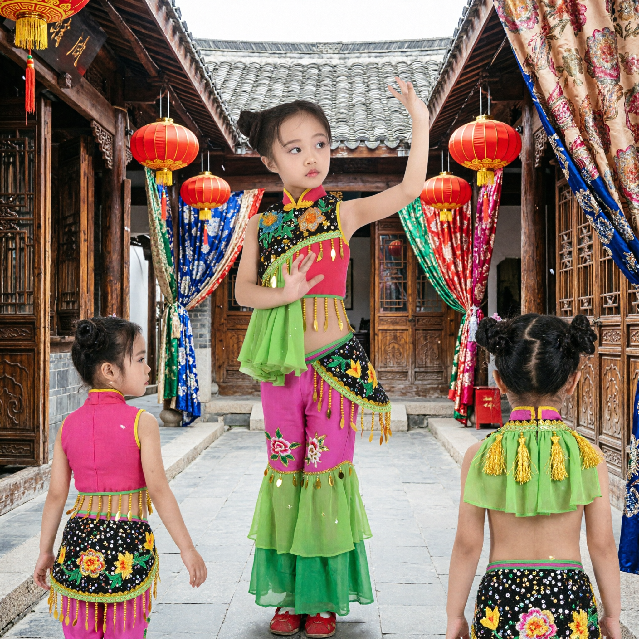 Girls Chinese Ethnic Minority Dance Costume Traditional Folk Performance Outfit for Kids Stage Show