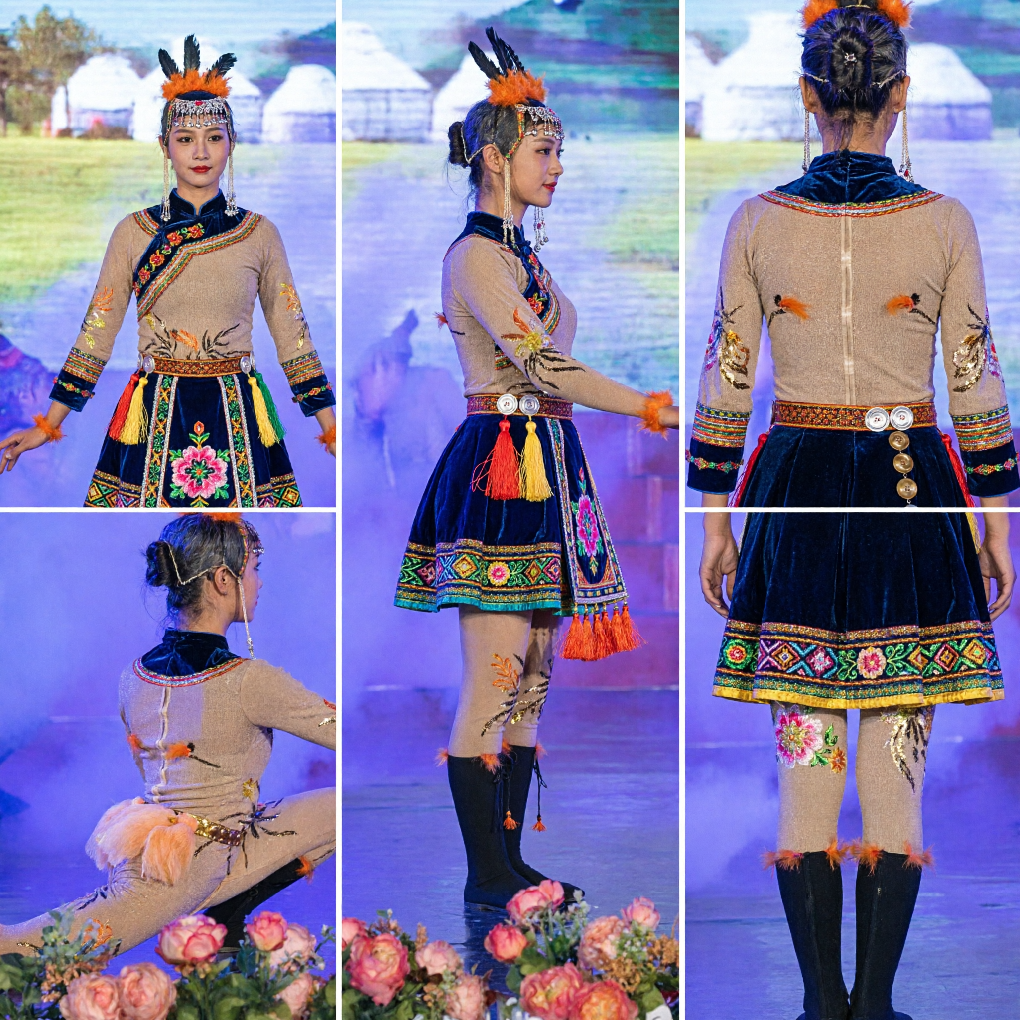 Traditional Mongolian Folk Dance Costume Beige Bodysuit Set with Boots for Women Stage Performance