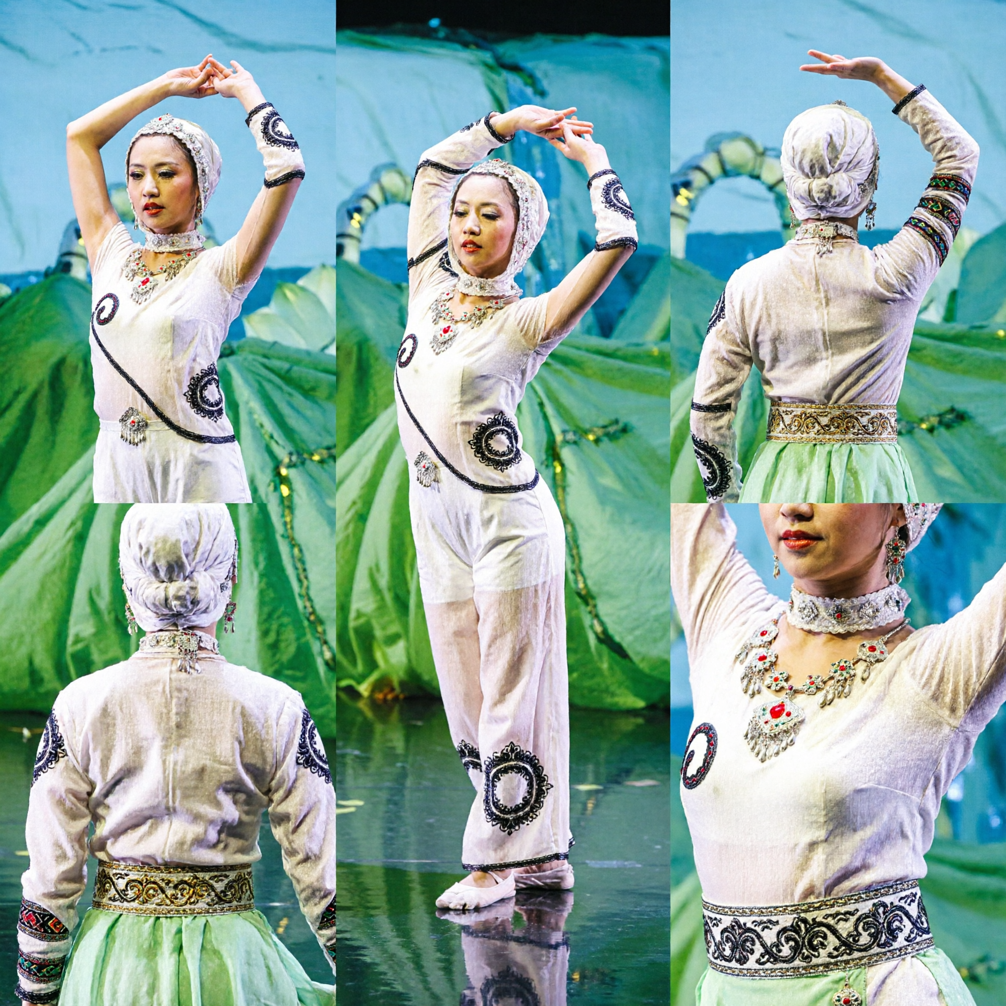 Women's Chinese Folk Dance Costume White Ink Wash Leotard with Sheer Skirt for Stage Performance
