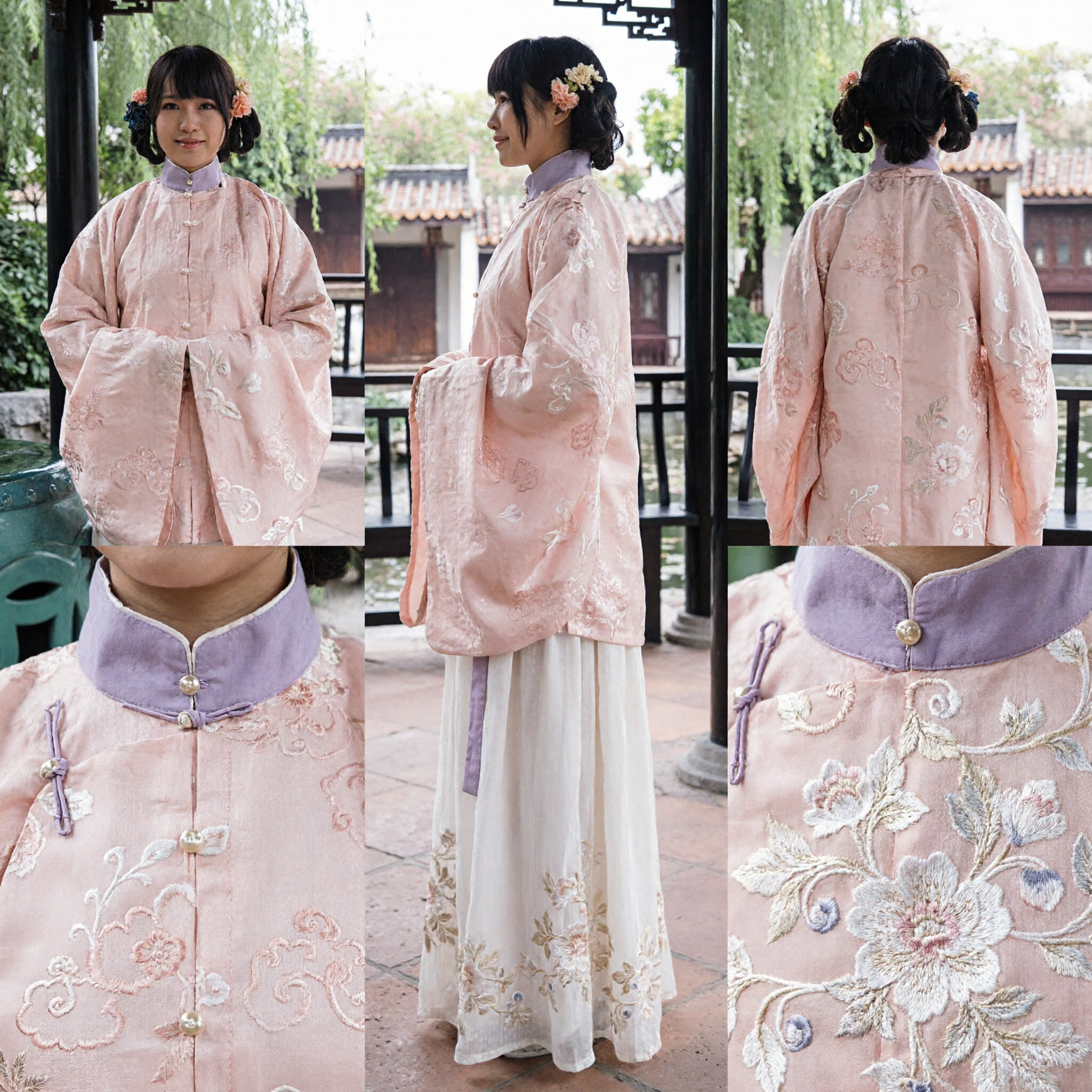 Traditional Chinese Hanfu Ming Dynasty Pink Standing Collar Ruqun Set for Women Ancient Costume Photography