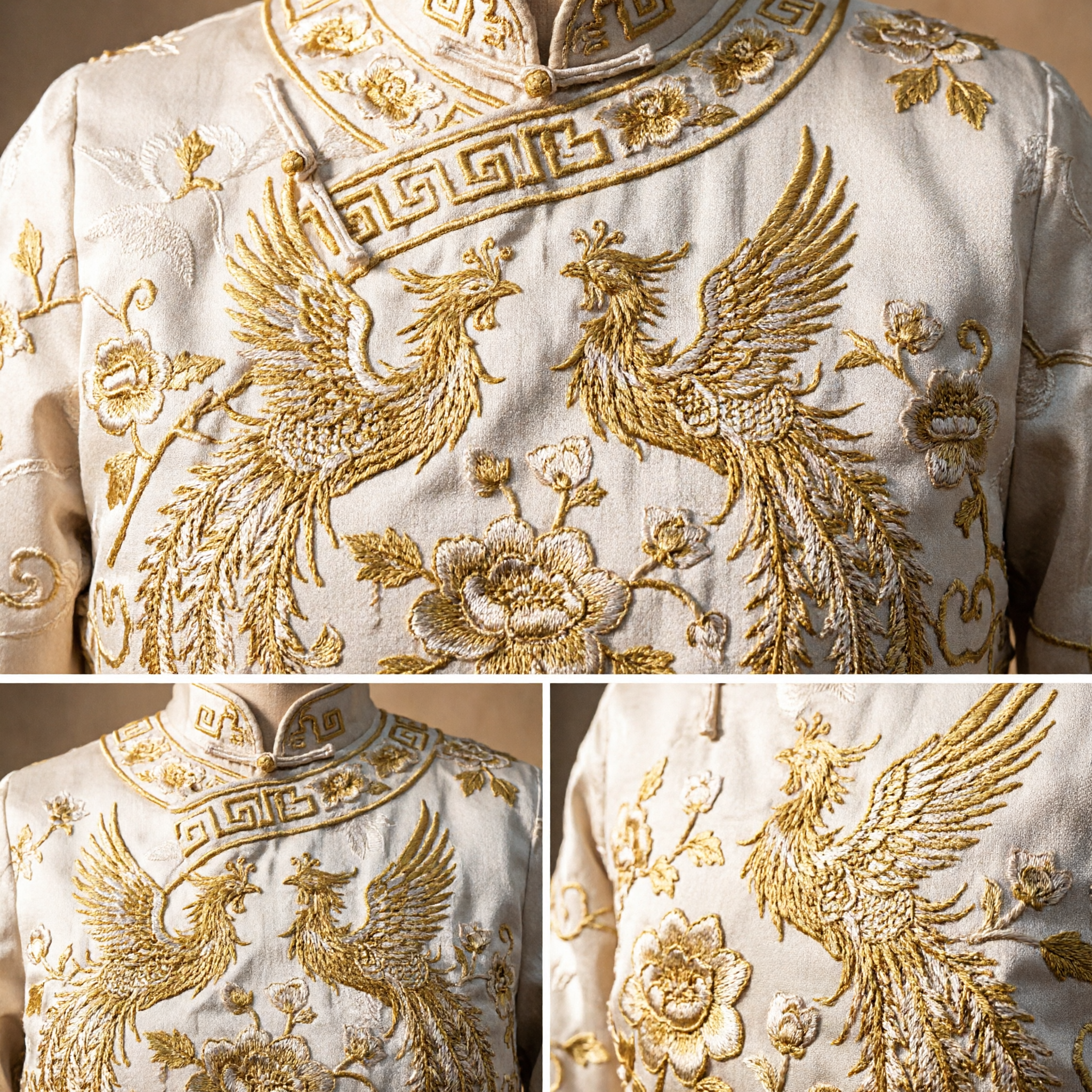 Traditional Chinese White Silk Brocade Fabric with Gold Phoenix Embroidery for Hanfu Cheongsam Wedding Dress DIY