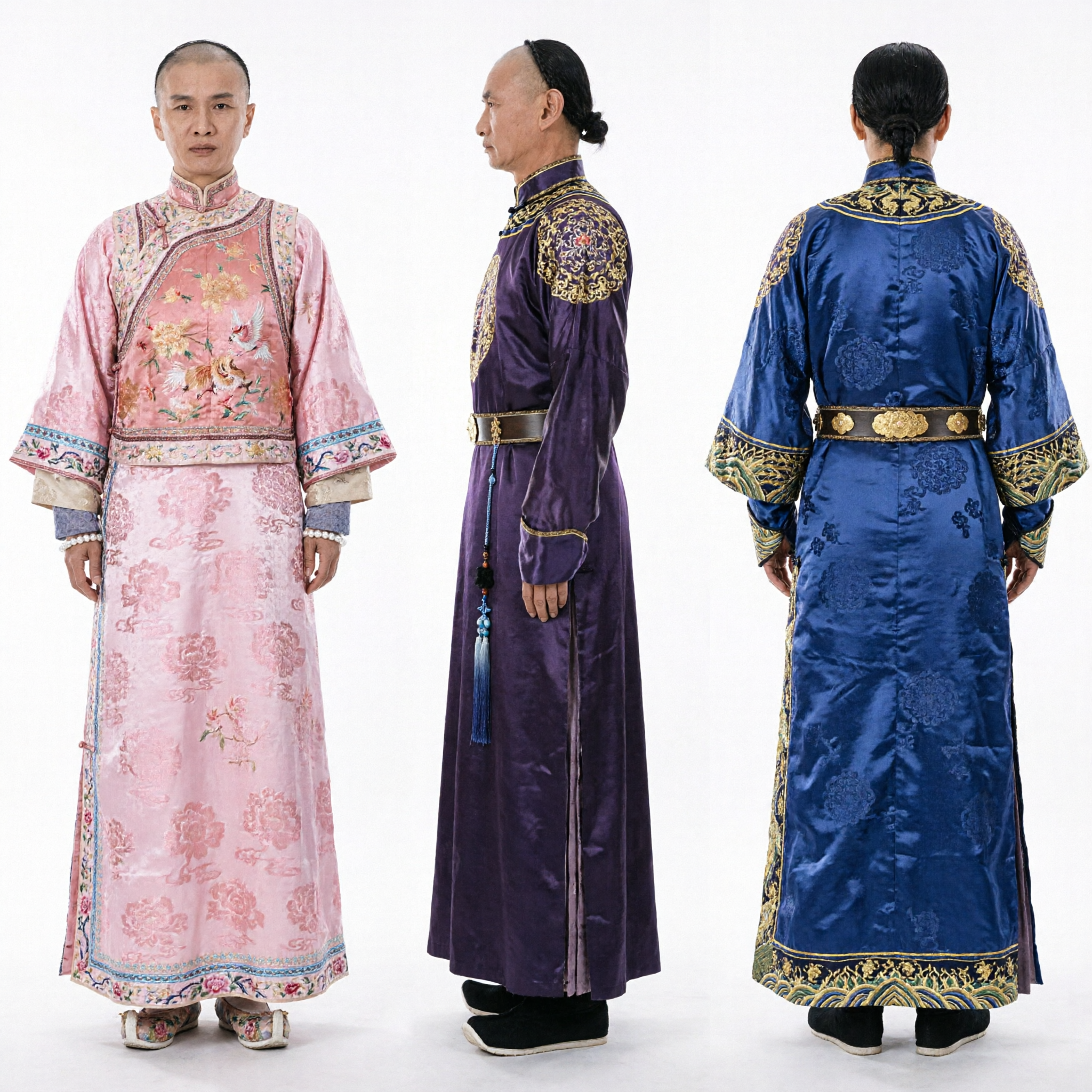 Qing Dynasty Ancient Chinese Noble Couple Costume Set Man Black Cape Robe Woman Pink Dress for Cosplay