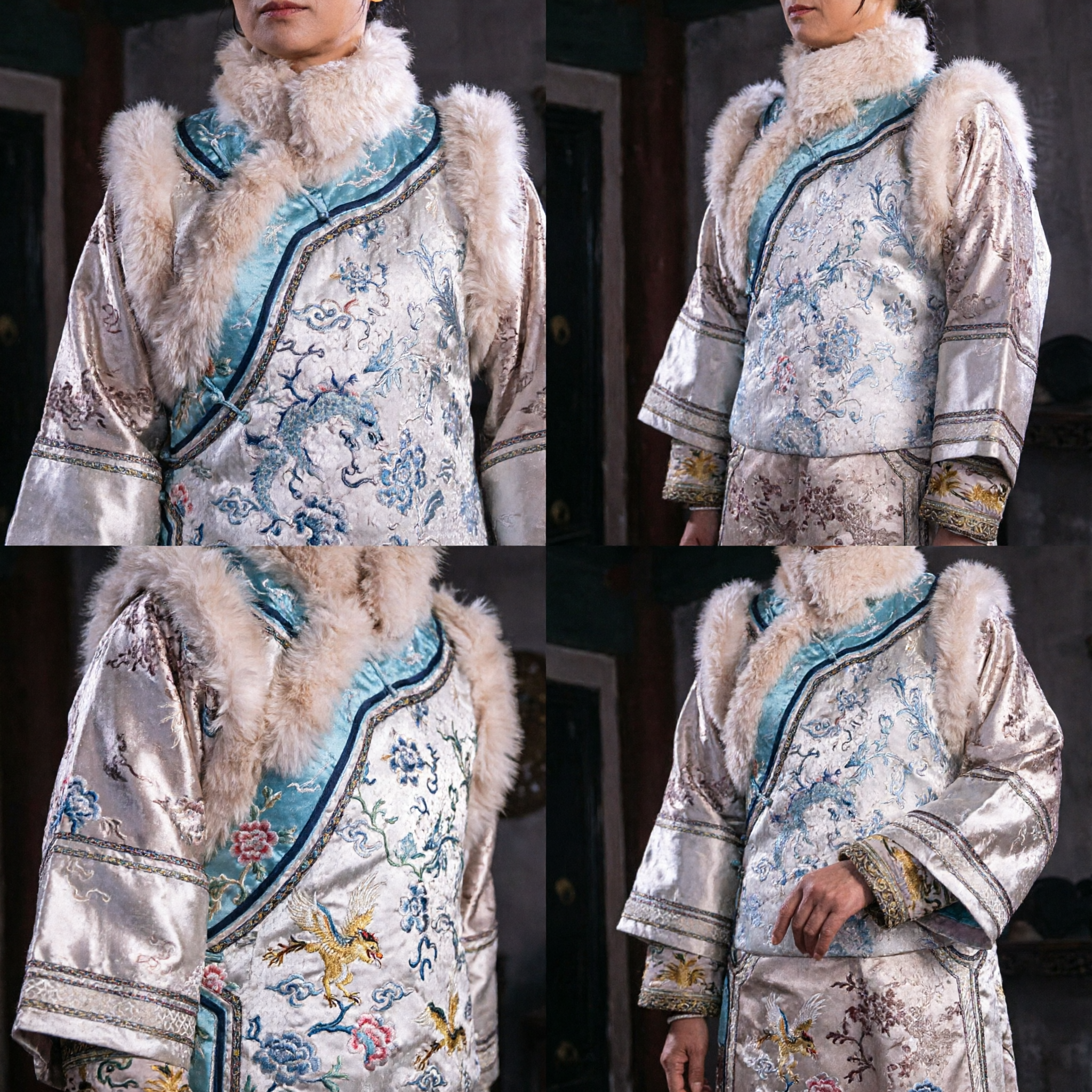Traditional Chinese Qing Dynasty Manchu Princess Costume White Embroidered Fur Trim Robe for Women