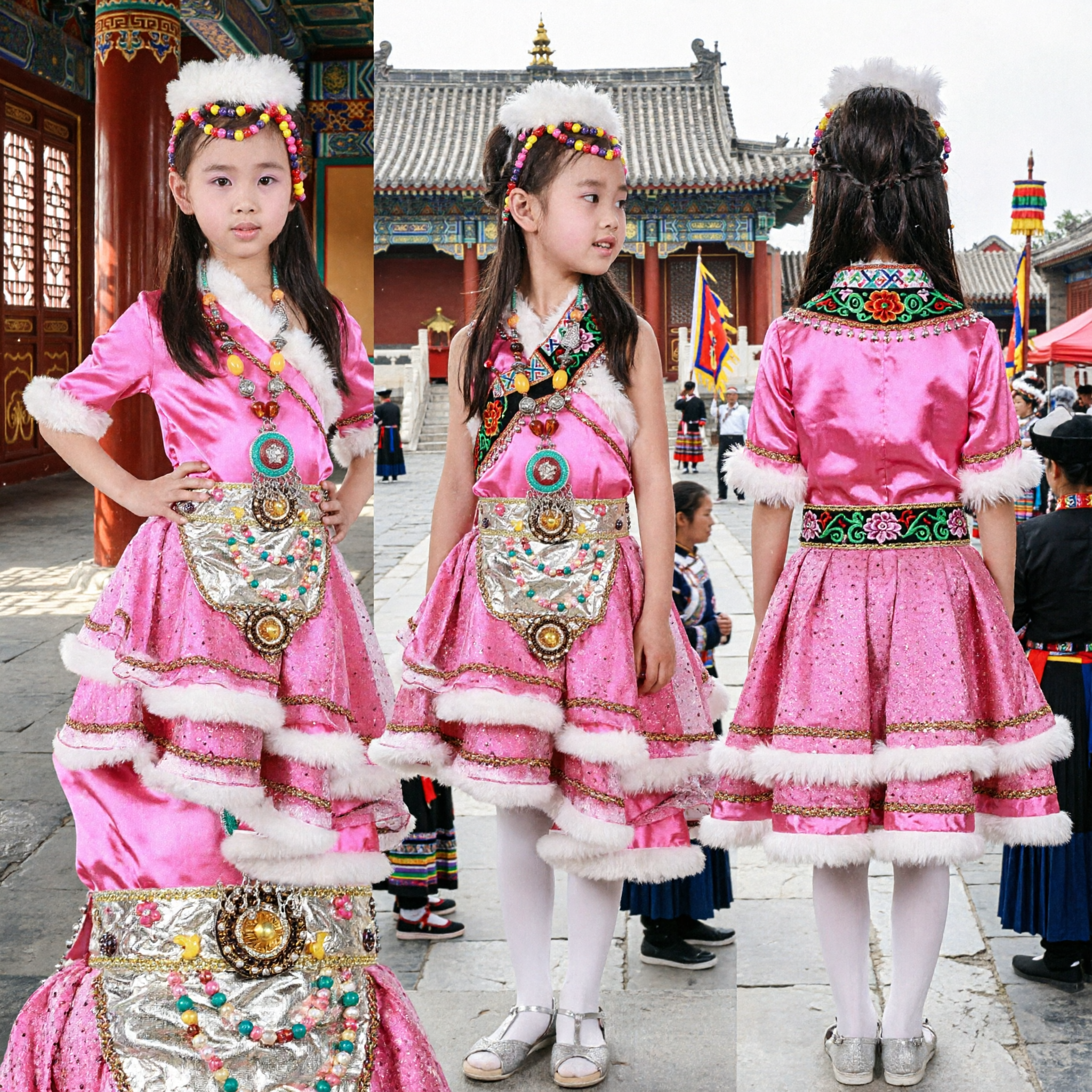 Pink Tibetan Dance Costume for Girls Kids Traditional Folk Dress with Fur Trim and Jewelry for Stage Performance