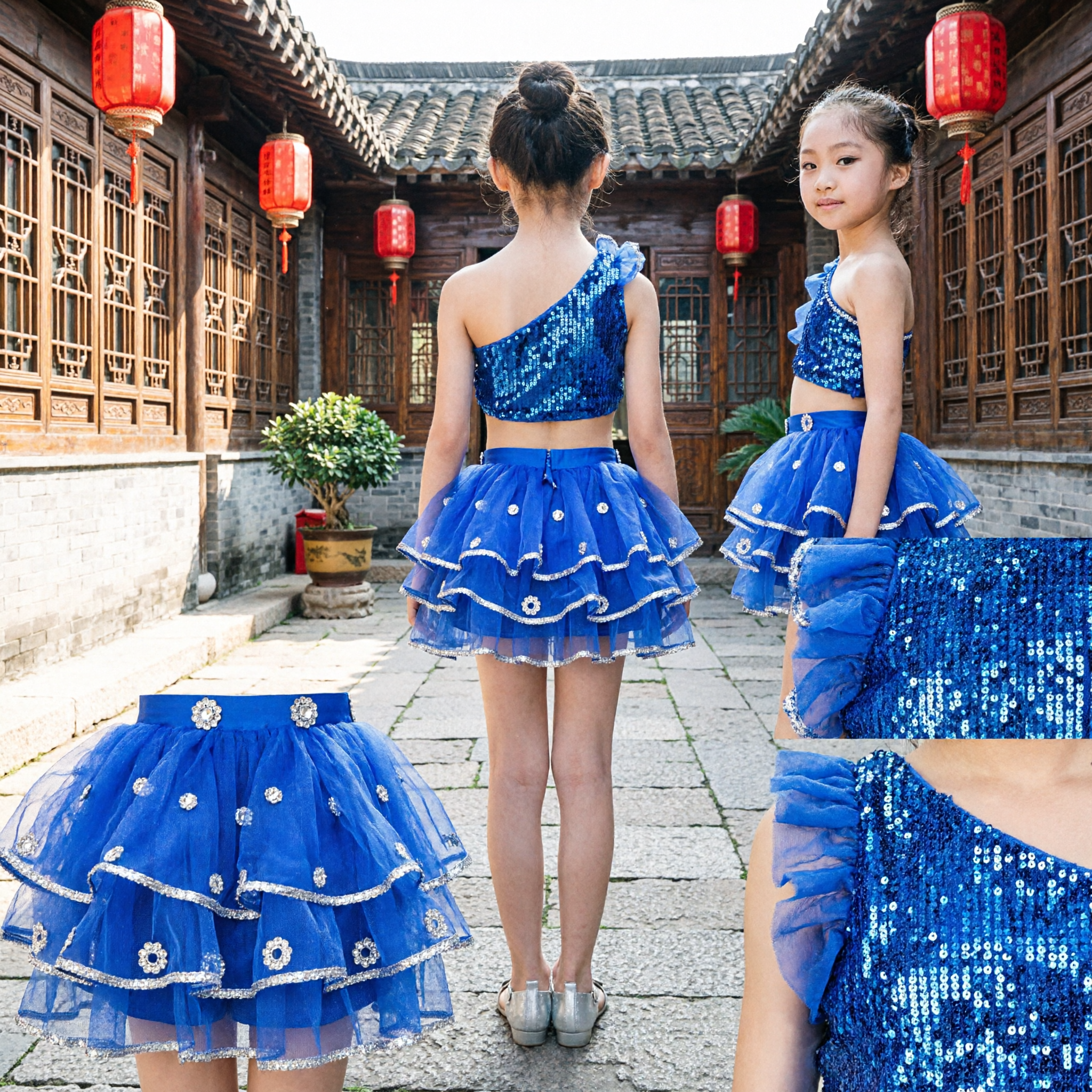 Girls Blue Sequin Latin Dance Costume Two-Piece Set for Kids Stage Performance and Competition