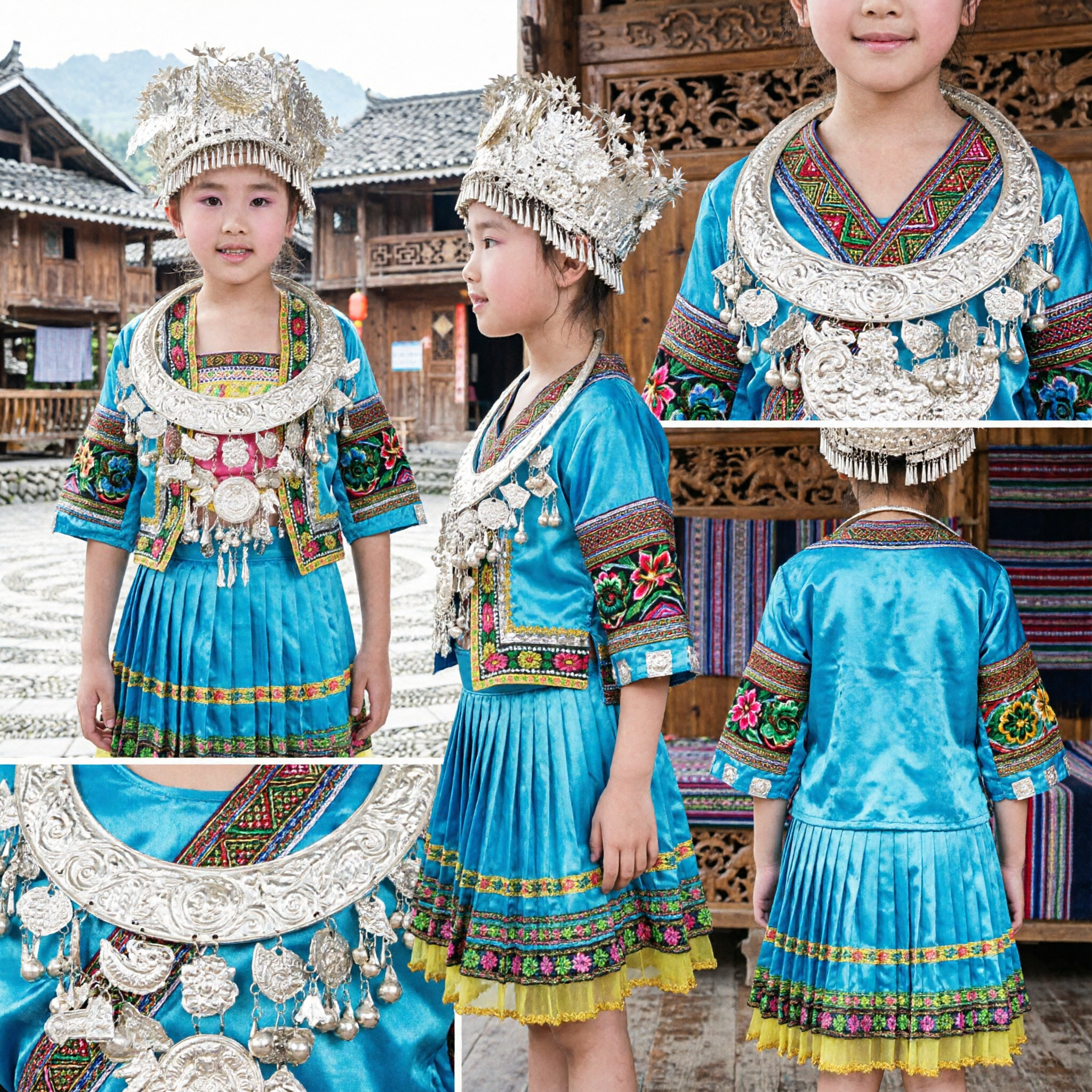 Girls Traditional Chinese Miao Ethnic Dance Costume Blue Embroidered Dress with Silver Headdress Set