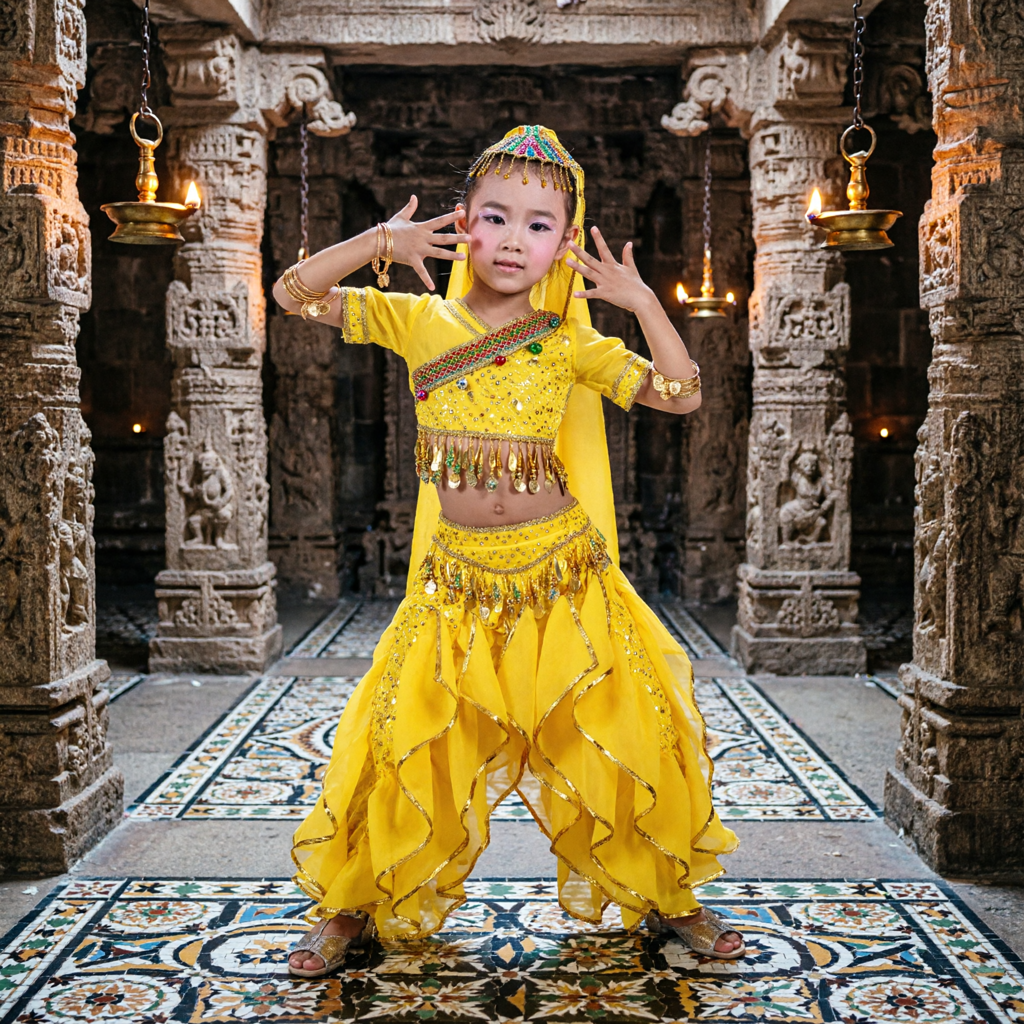 Girls Yellow Indian Bollywood Dance Costume Kids Ethnic Belly Dance Outfit for Stage Performance