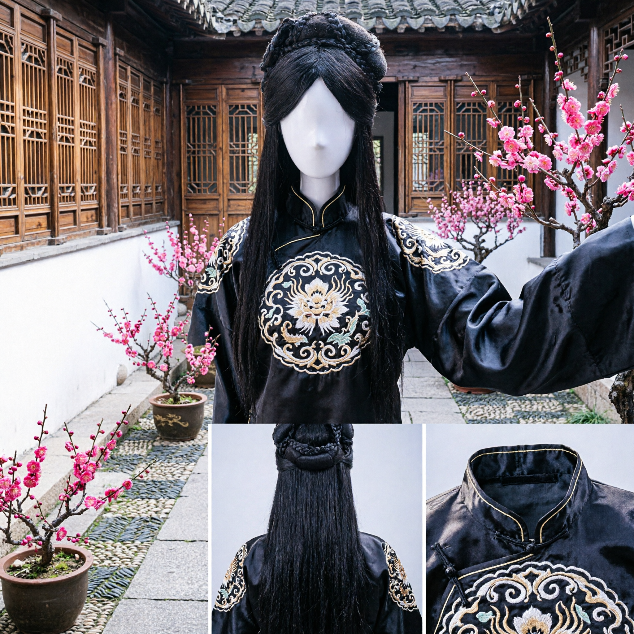 Ancient Chinese Hanfu Wig Black Long Hair with Braided Crown Traditional Costume Hairpiece for Women Cosplay
