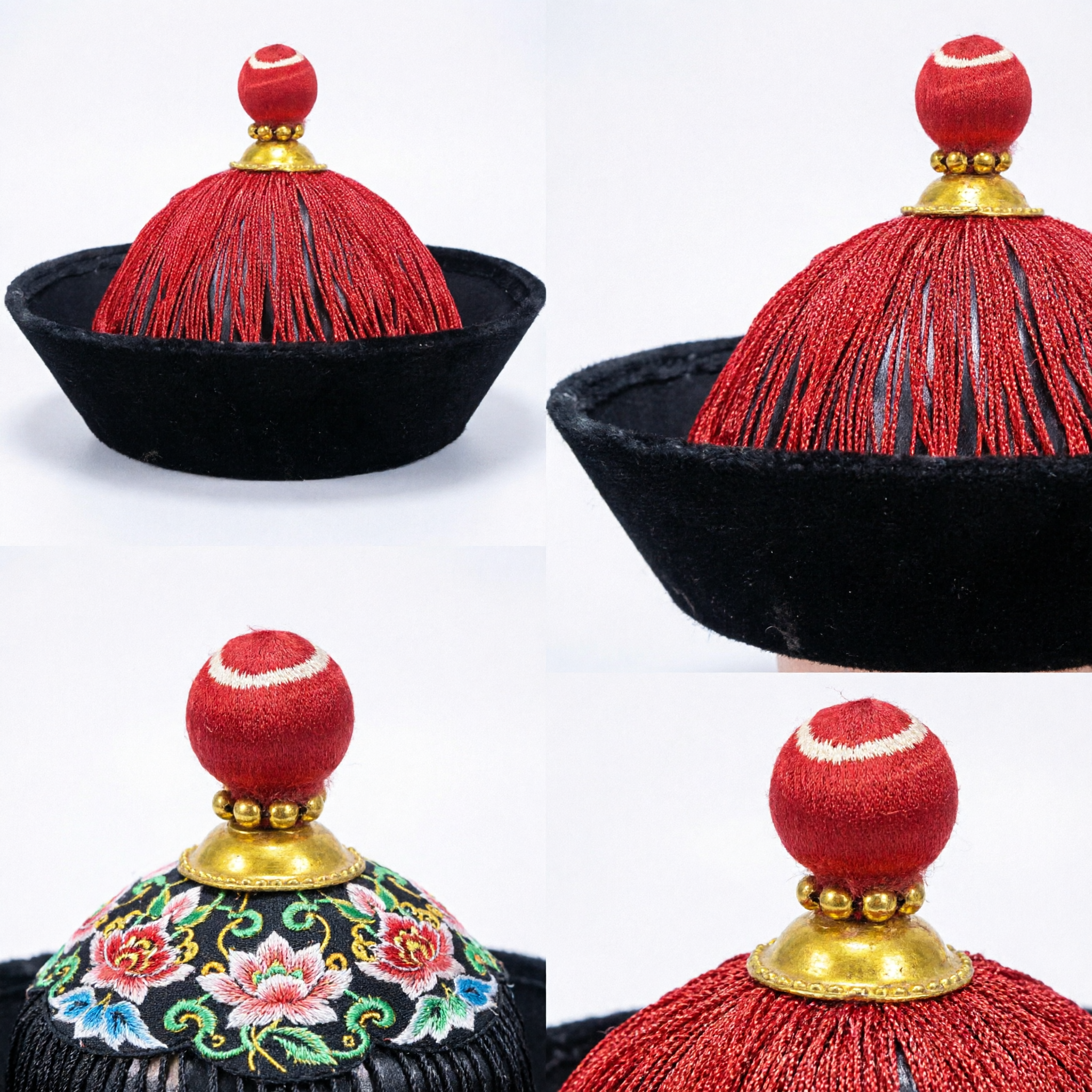 Traditional Chinese Qing Dynasty Official Hat Red Tassel Black Velvet Cap for Men Historical Cosplay
