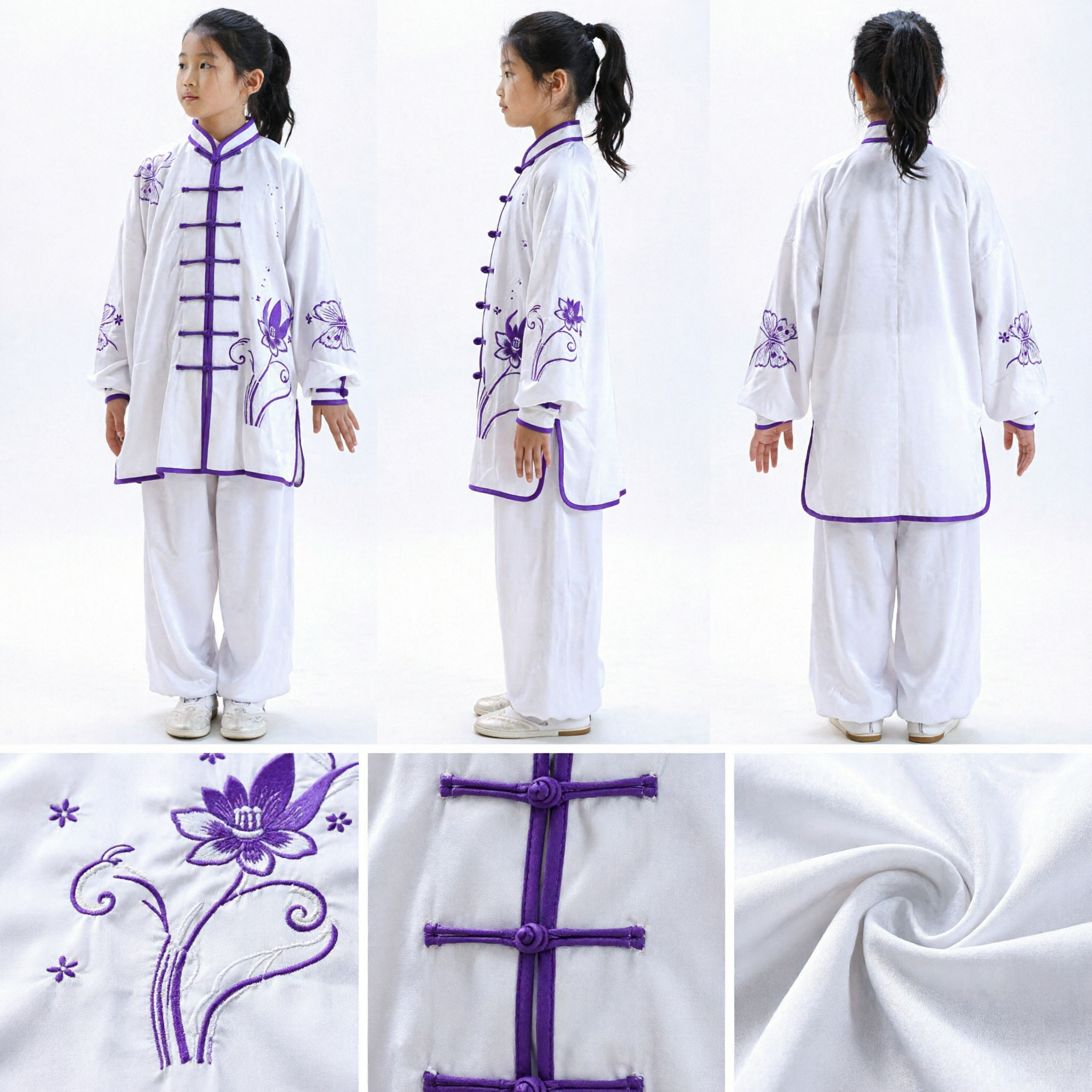 Kids Girls White Purple Tai Chi Kung Fu Uniform Traditional Chinese Martial Arts Costume with Butterfly Embroidery