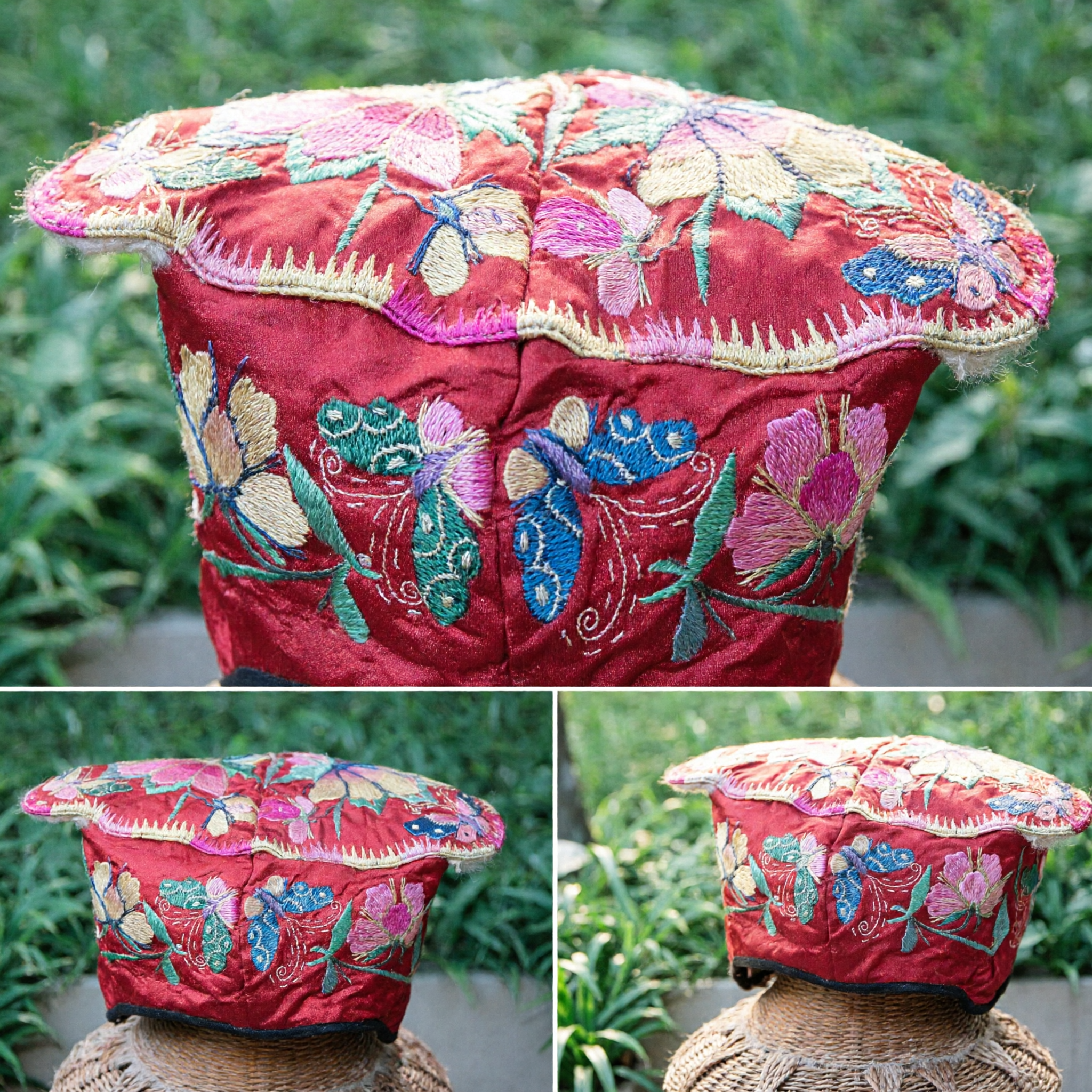 Traditional Chinese Red Embroidered Silk Hat for Children Folk Art Costume Cultural Accessory