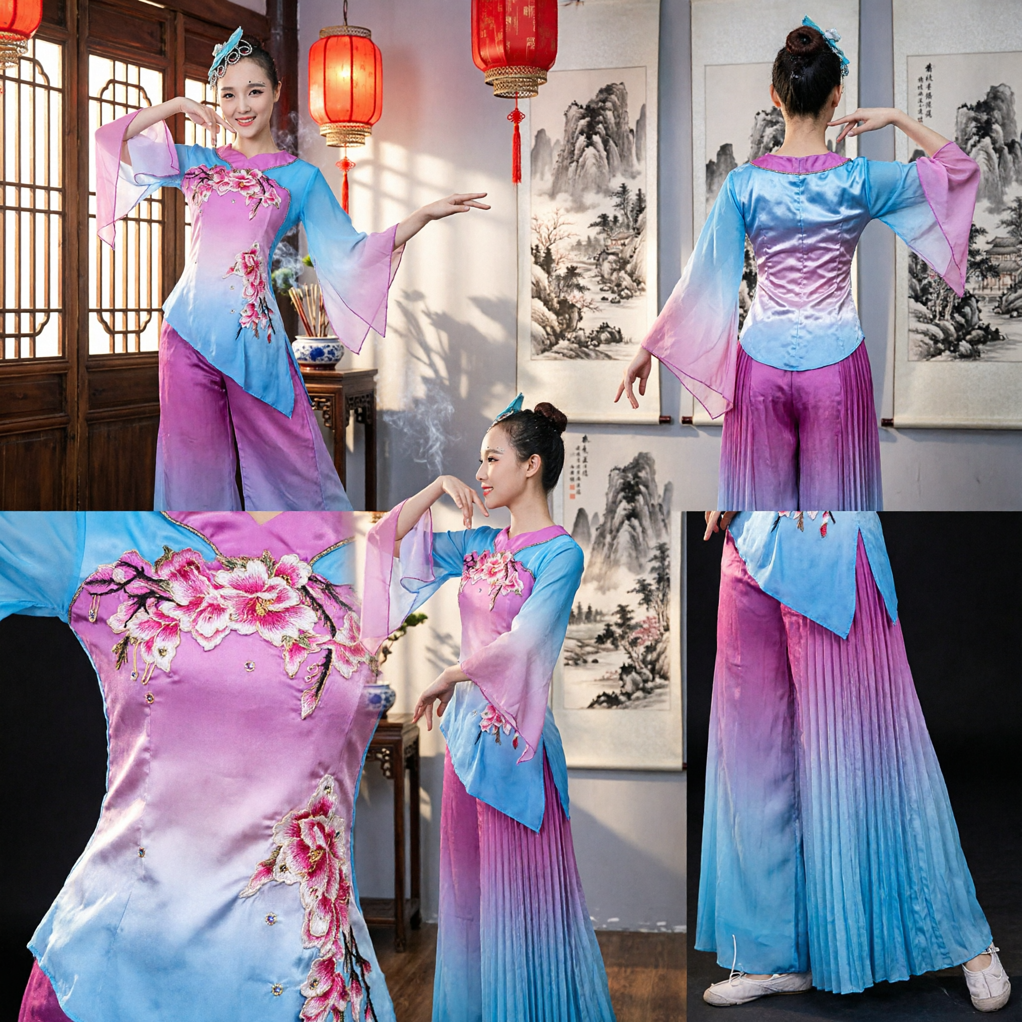 Women's Traditional Chinese Dance Costume Gradient Blue Pink Folk Dance Outfit with Floral Embroidery for Stage Performance