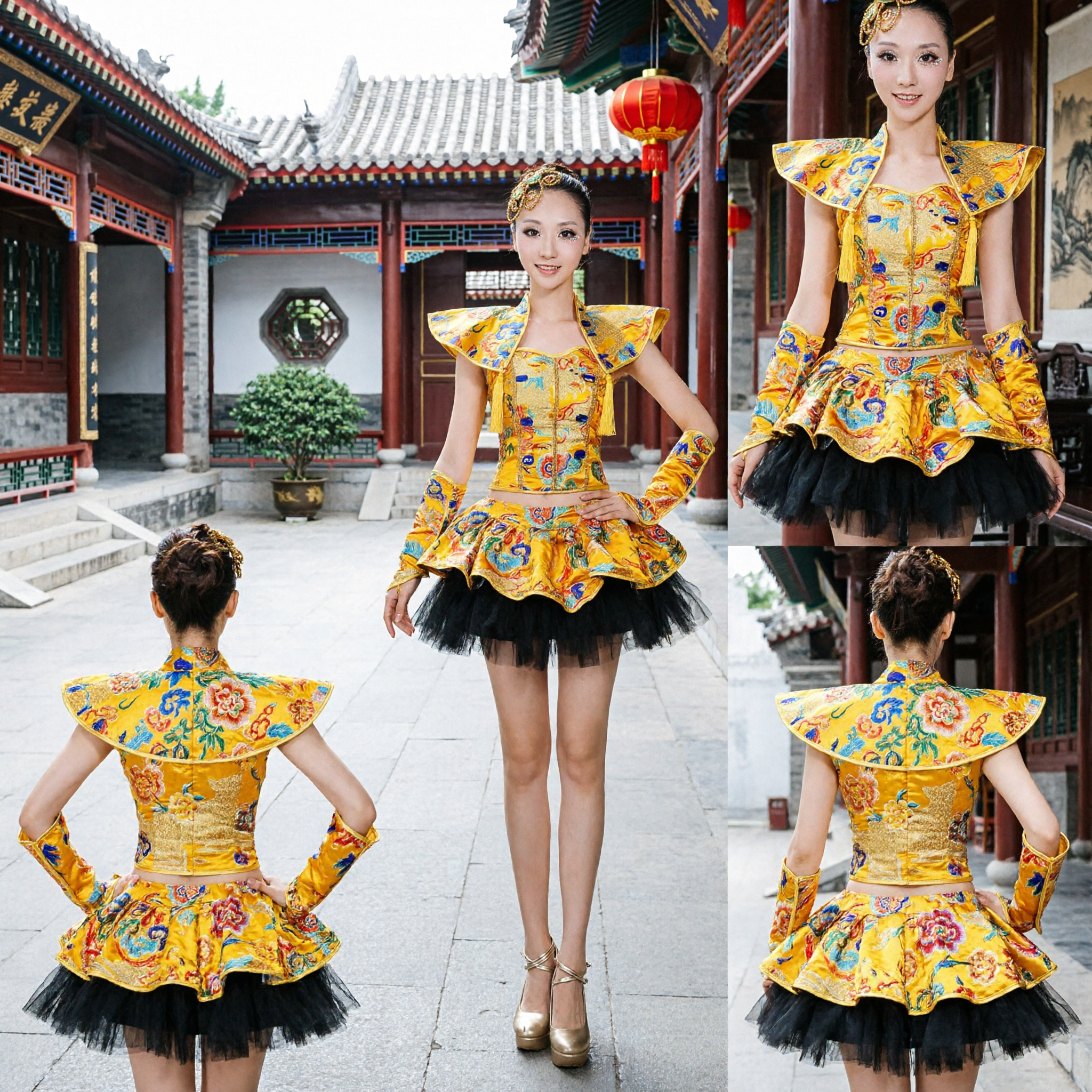 Women's Traditional Chinese Folk Dance Costume Yellow Embroidered Stage Performance Dress for Yangge and Fan Dance