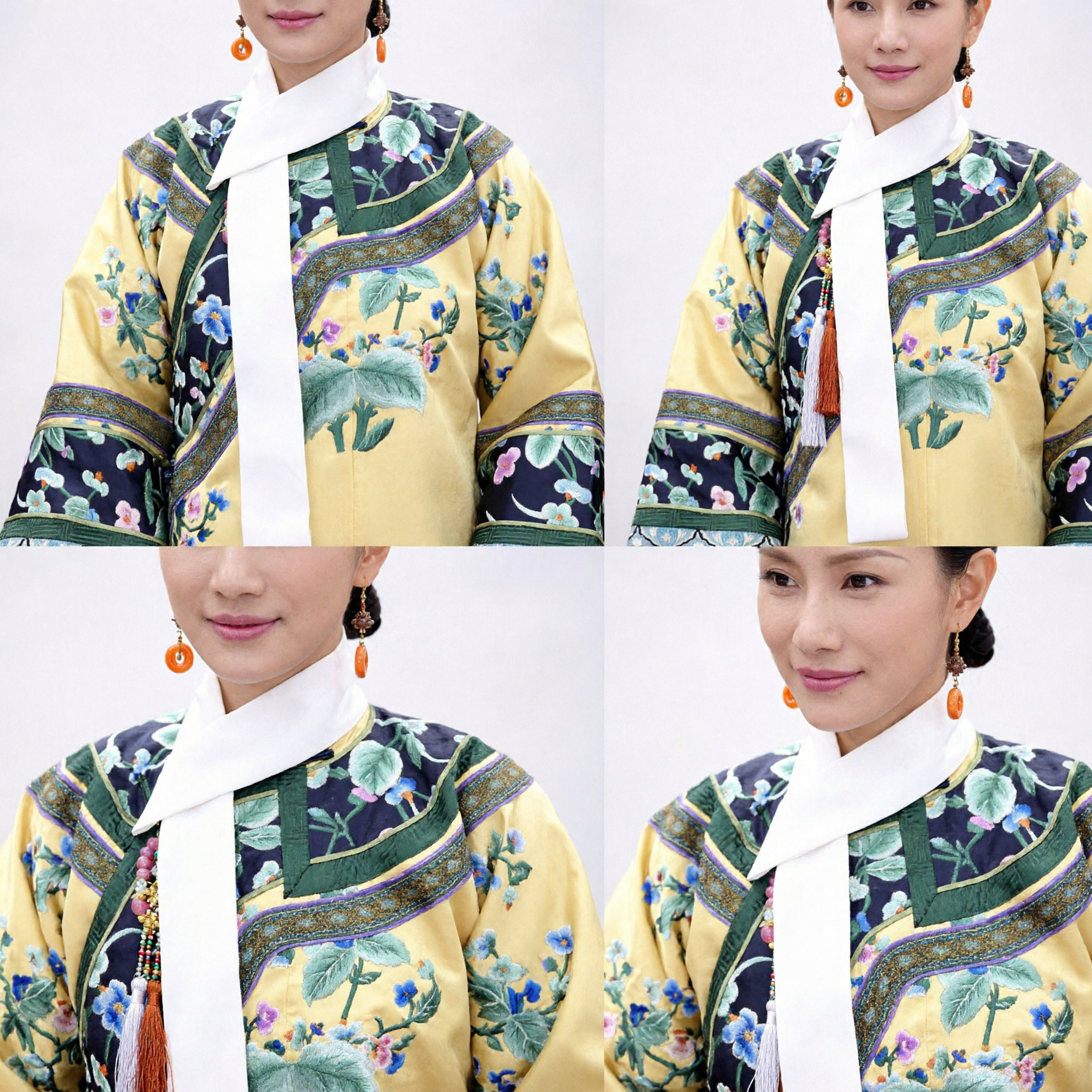 Traditional Chinese Qing Dynasty Manchu Princess Costume Yellow Embroidered Robe and Headdress Set for Women