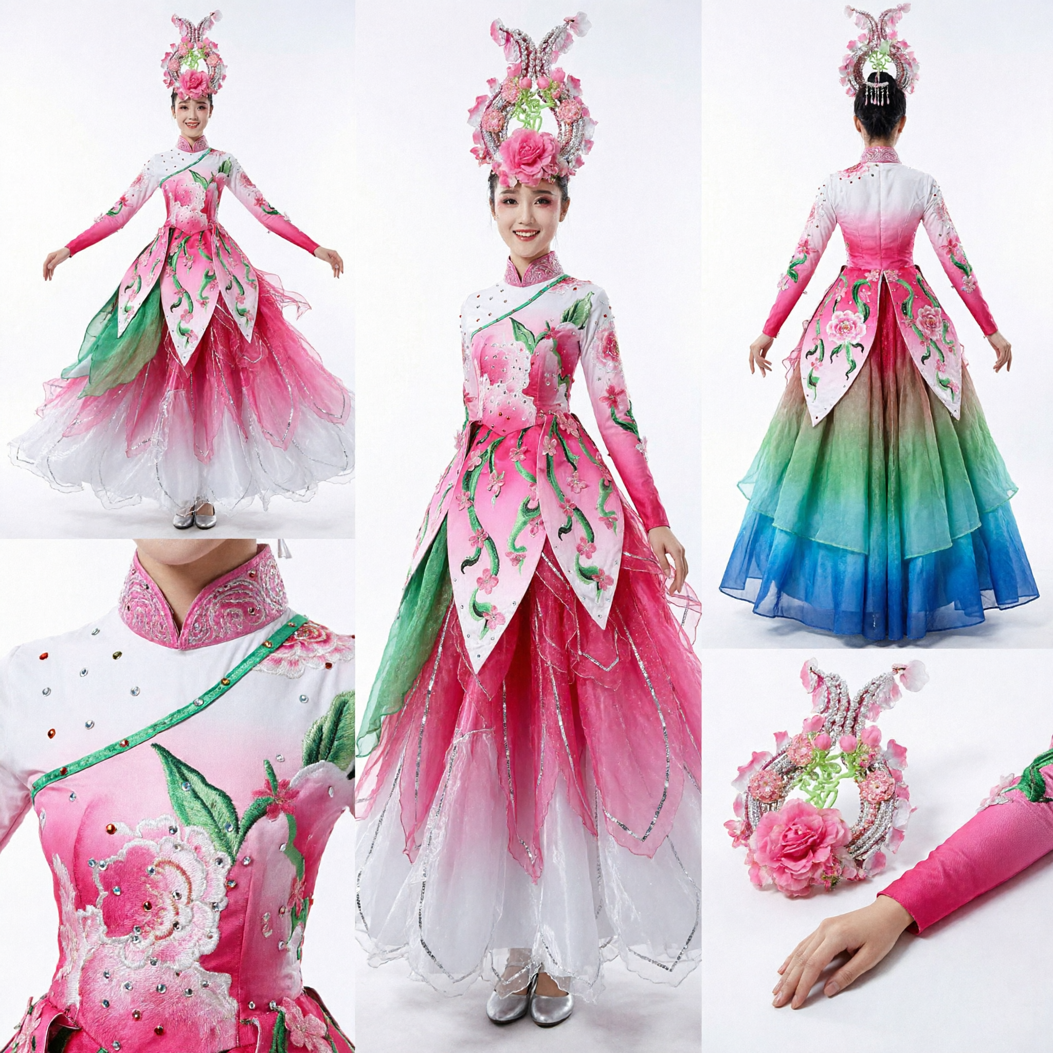 Women's Chinese Classical Dance Costume Pink Lotus Yangge Dress Traditional Folk Stage Performance Outfit with Headdress