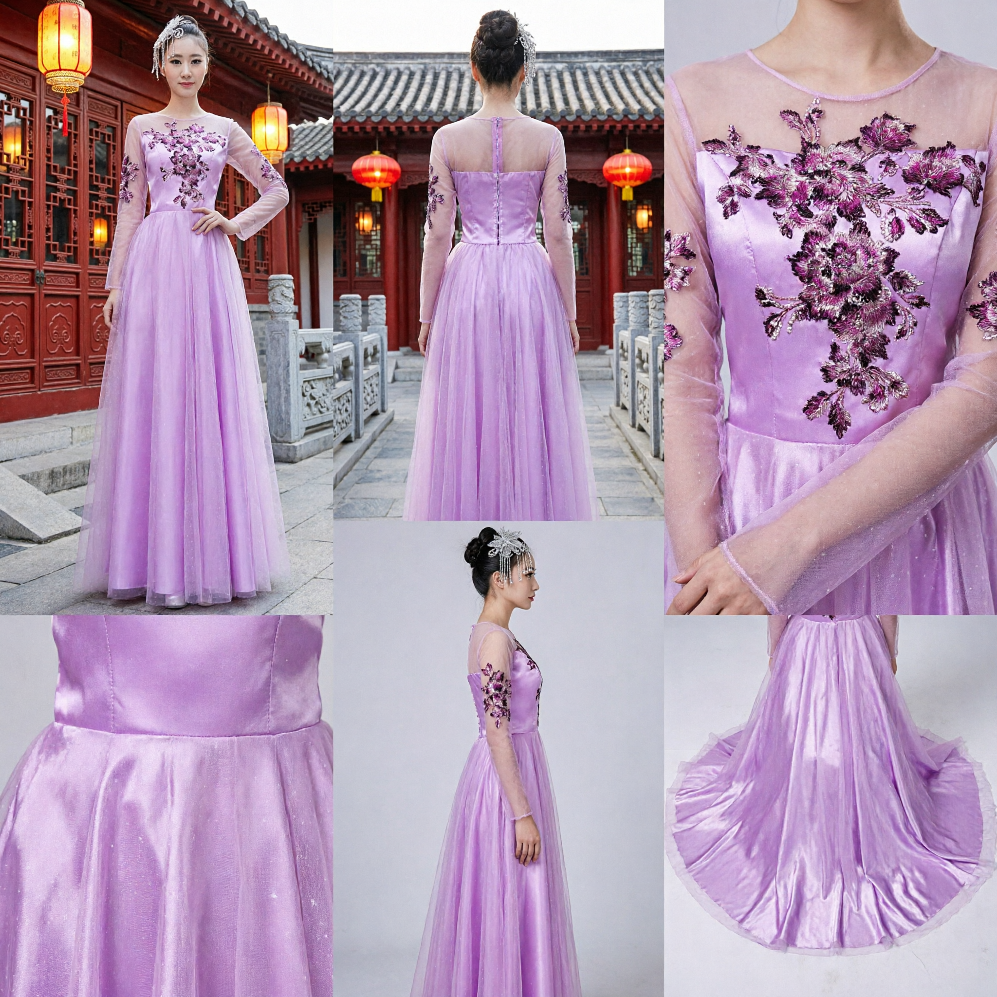 Women's Purple Traditional Chinese Long Dress with Floral Embroidery for Folk Dance Performance and Chorus