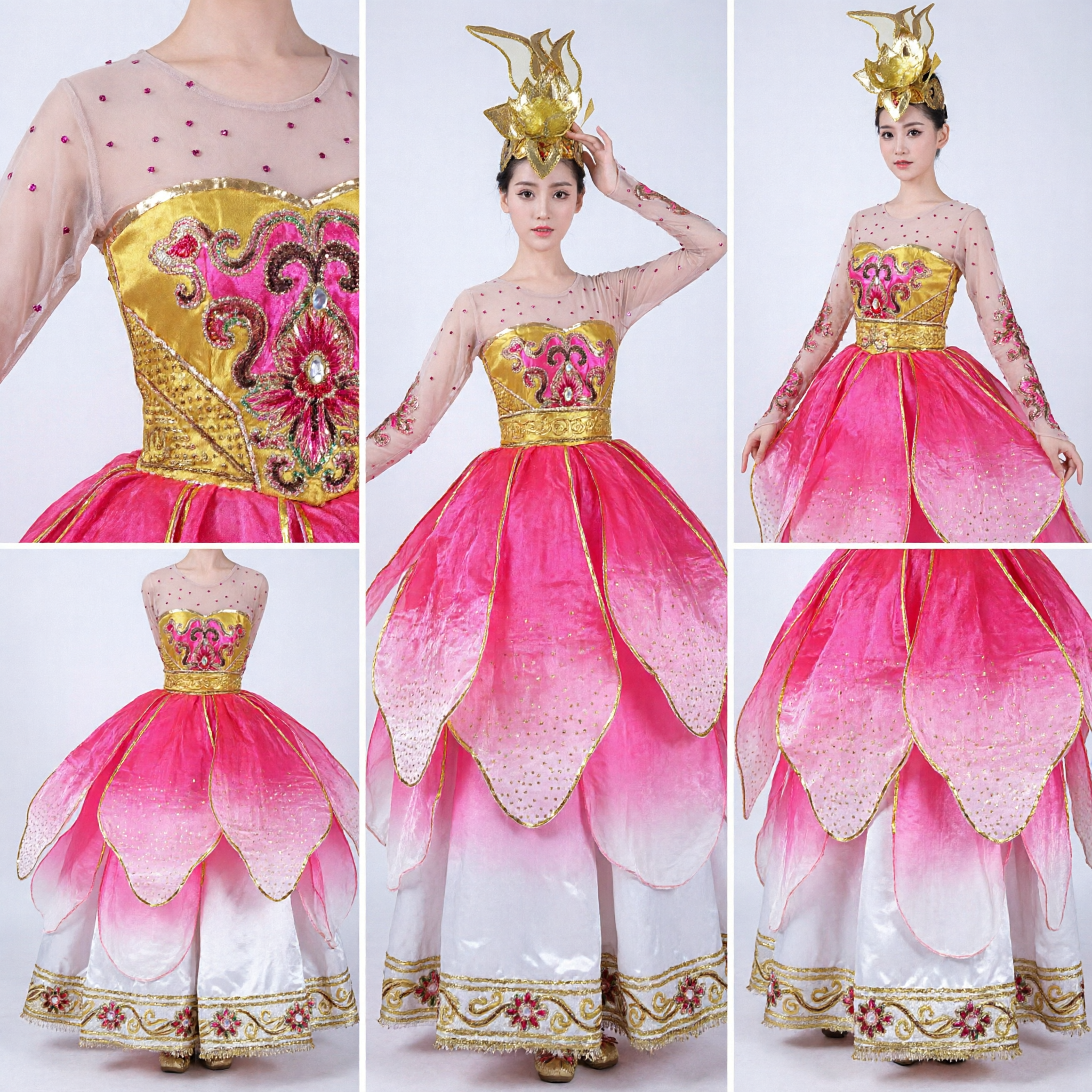 Women's Traditional Chinese Lotus Dance Costume Pink Classical Folk Dress Stage Performance Outfit with Gold Headpiece